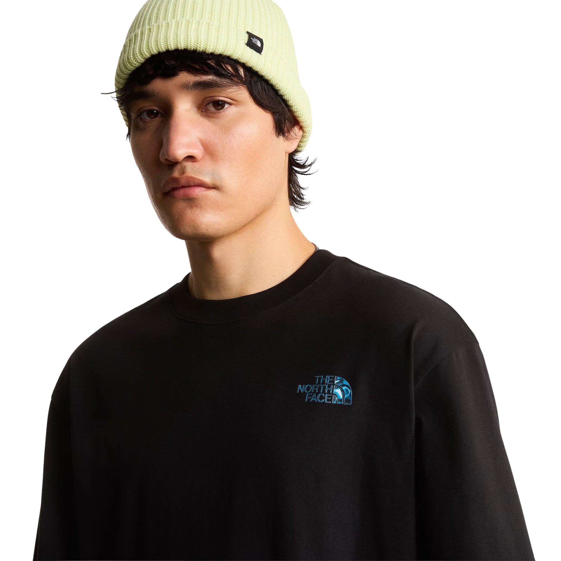 T-Shirt de manga curta para homem The North Face Liquid Box NSE Oversize em Preto TNF. Foto de detalhe da parte da frente, vestida.