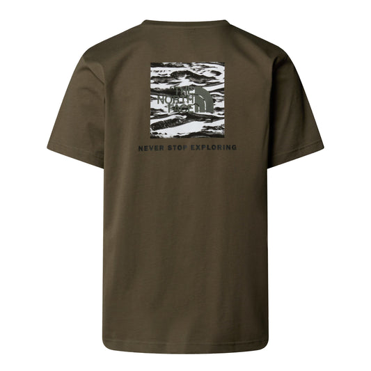 T-Shirt de manga curta para homem The North Face Box NSE Edge of Light em New Taupe Green/Edge of Light Print. Foto da parte de trás.