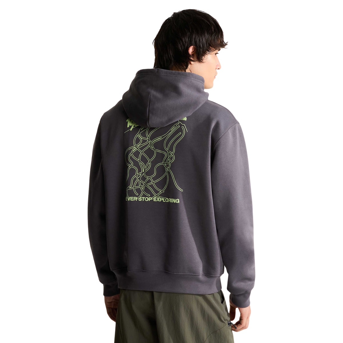 Sweat com capuz The North Face NSE Slopes em Anthracite Grey, vestida de costas com gráfico verde-claro.