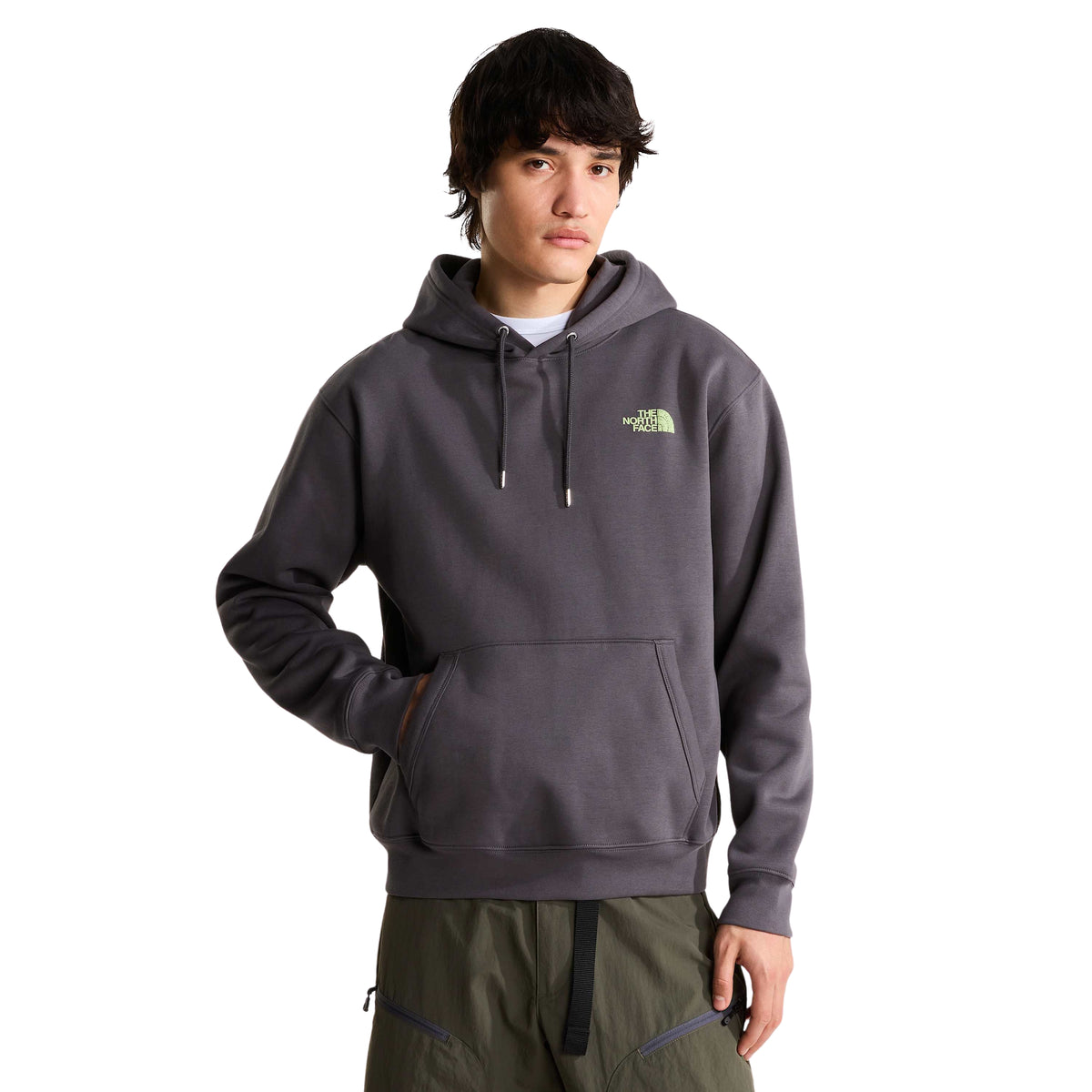 Sweat com capuz The North Face NSE Slopes em Anthracite Grey, vista de frente com logótipo verde-claro e bolso canguru.