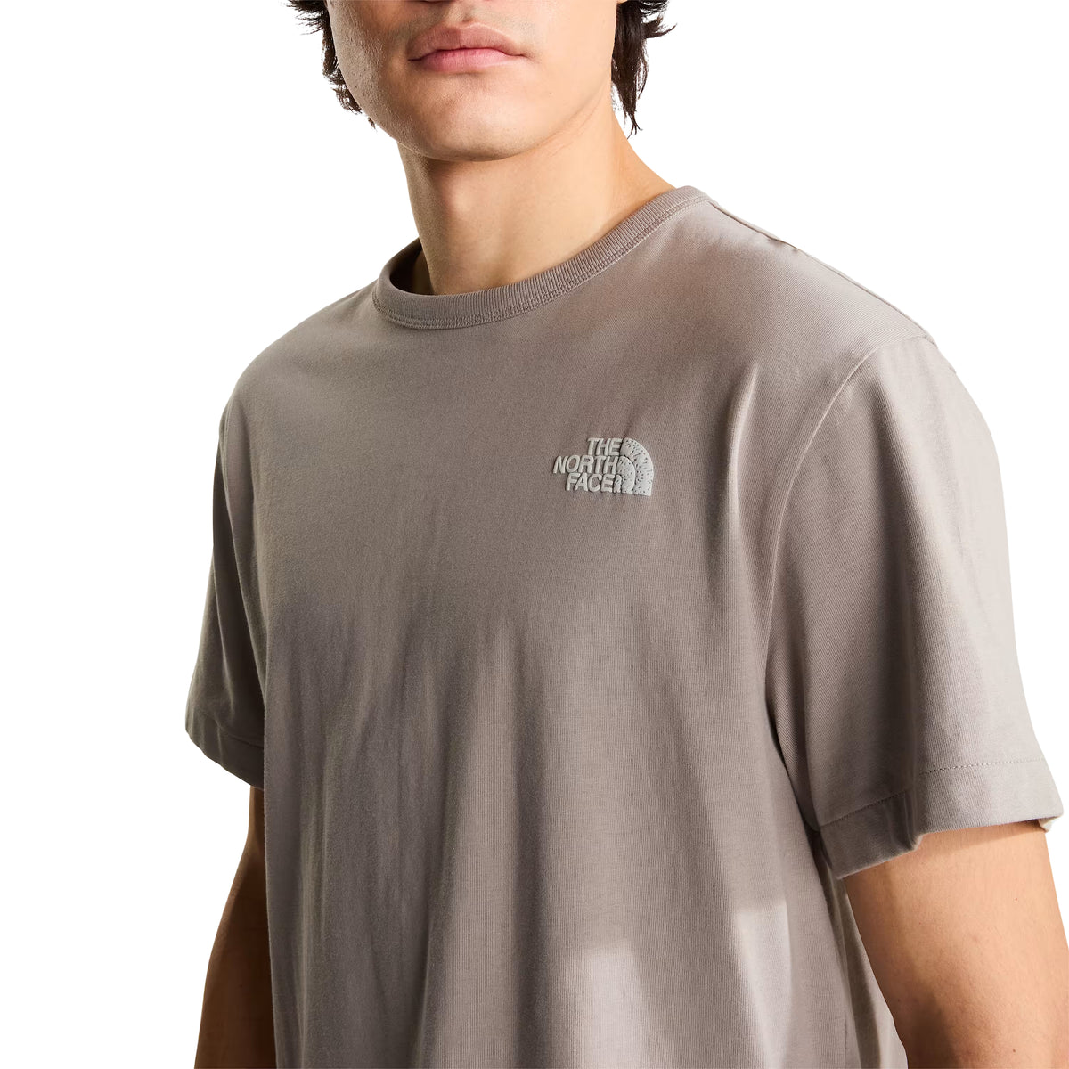 T-shirt The North Face NSE Slopes Relaxed em stone slab — pormenor frontal, meio corpo masculino, logótipo The North Face bordado em tom-sobre-tom no peito esquerdo, gola redonda canelada, corte relaxed, fundo branco.