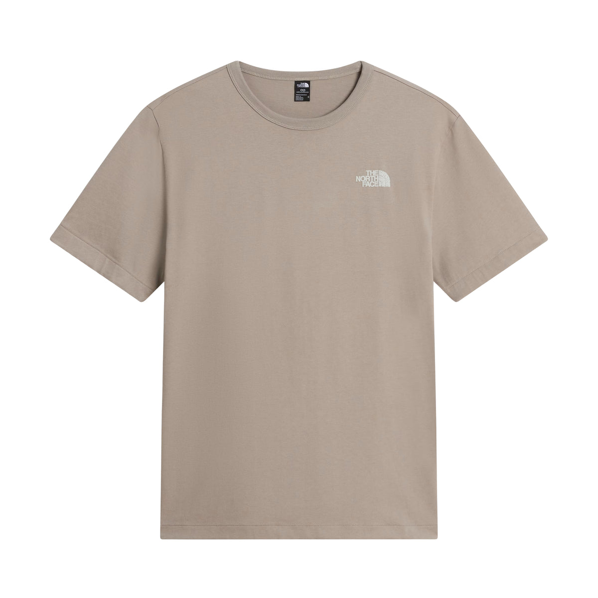 T-shirt The North Face NSE Slopes Relaxed em stone slab — flat lay frontal, produto sem modelo, logótipo TNF em relevo no peito esquerdo, etiqueta The North Face preta na gola, gola redonda canelada, fundo branco.