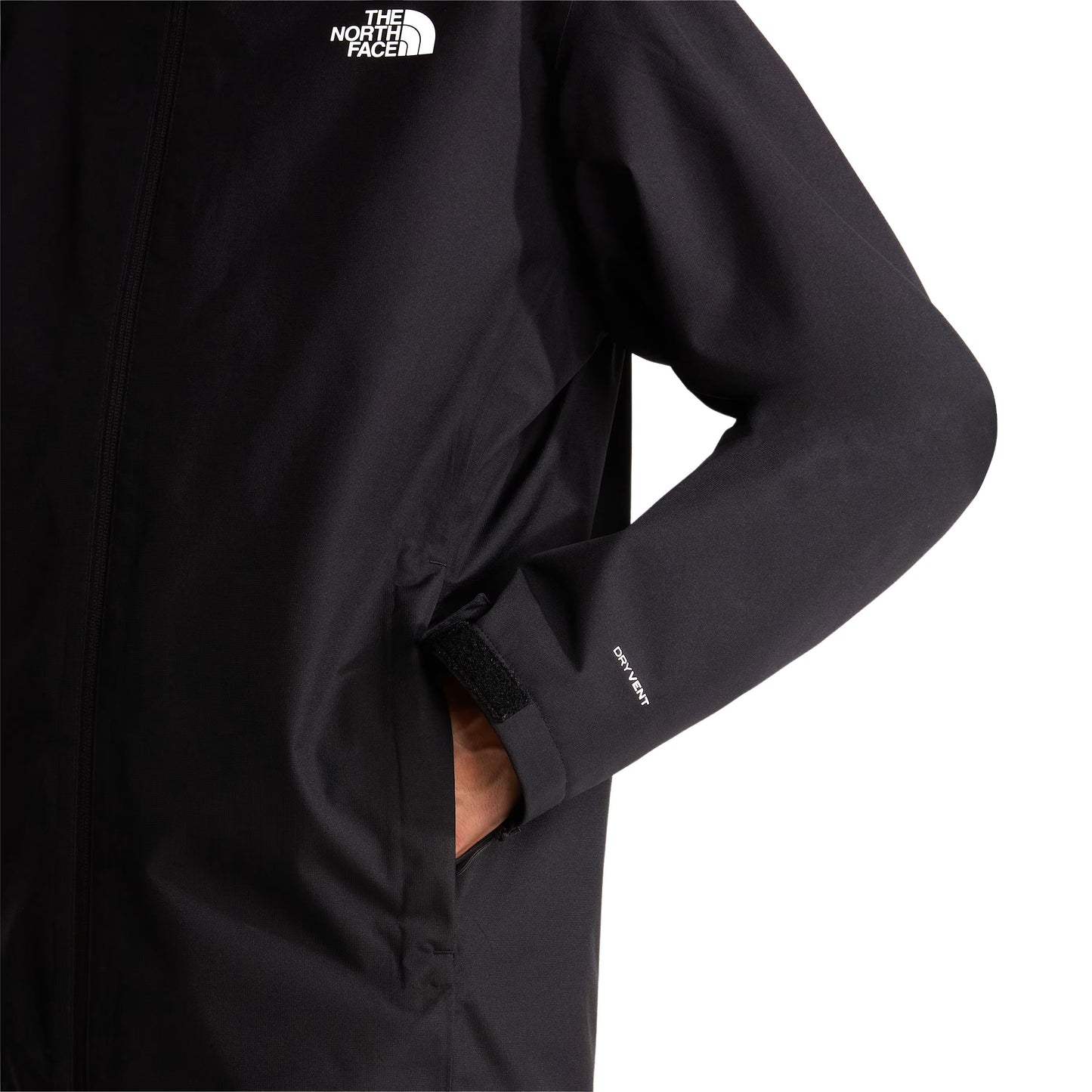 Casaco com carapuço para homem The North Face Quest Triclimate em Preto TNF/NPF. Foto de detalhe da parte da frente, vestido.