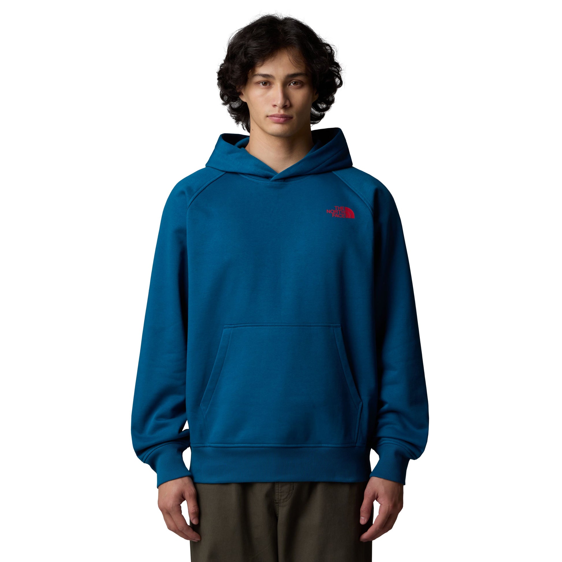 Sweat com carapuço para homem The North Face Raglan Box NSE em Mineral Ink/ TNF Red. Foto da parte da frente, vestida.