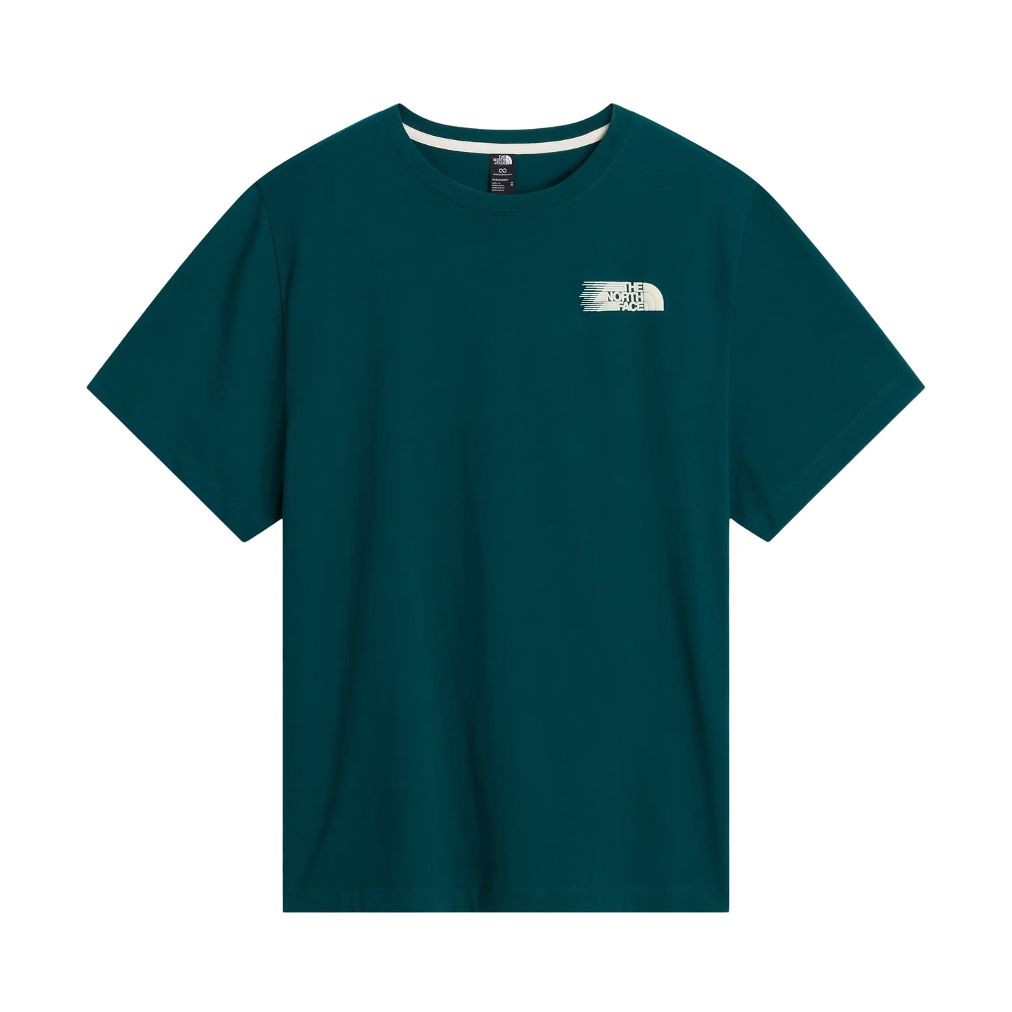 T-Shirt The North Face Retro Trail Relaxed em Pacific Teal — vista frontal, produto sem modelo, logo TNF Retro Trail em creme no peito direito, gola canelada com interior branco e etiqueta TNF preta na gola visíveis, corte relaxed, fundo branco.