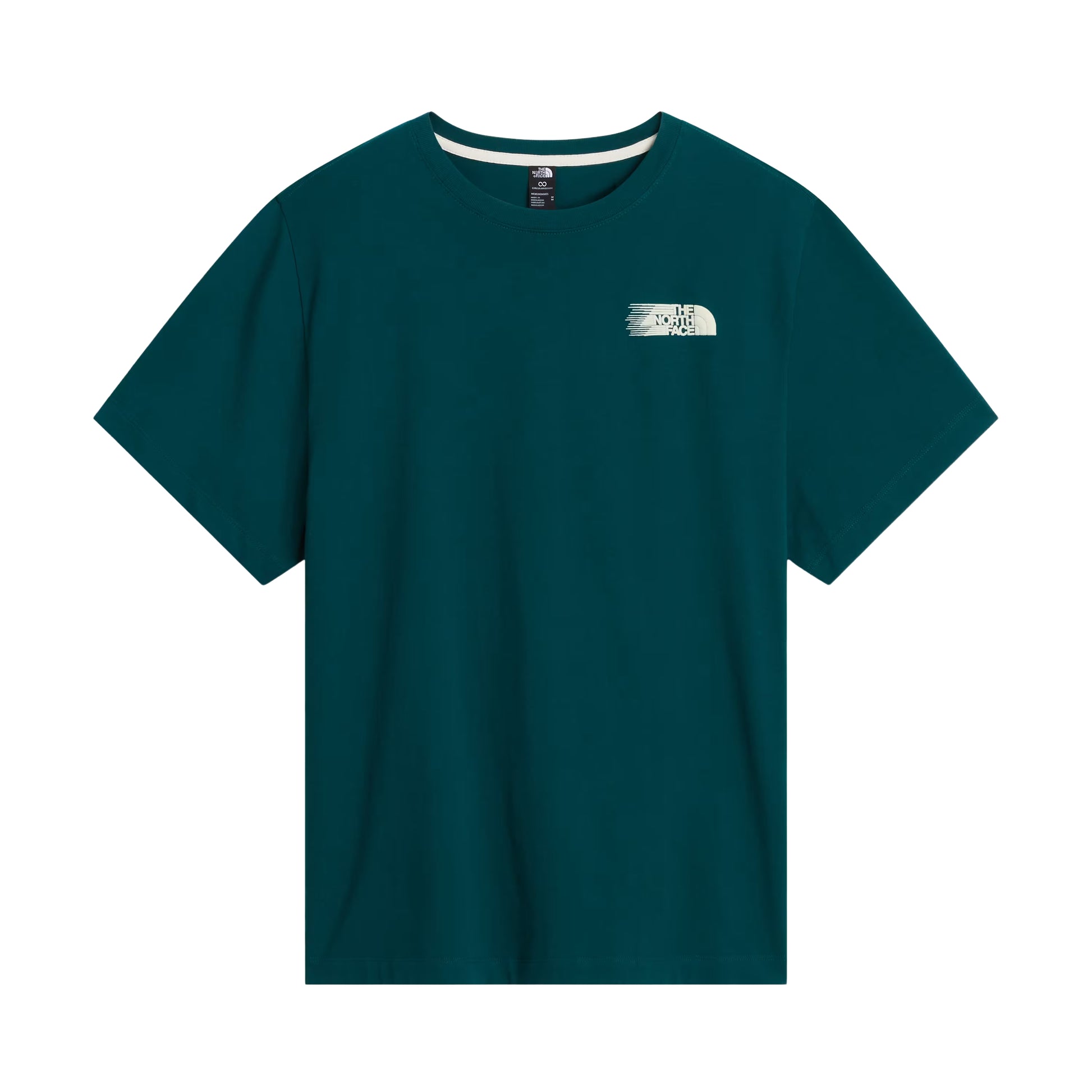 T-Shirt The North Face Retro Trail Relaxed em Pacific Teal — vista frontal, produto sem modelo, logo TNF Retro Trail em creme no peito direito, gola canelada com interior branco e etiqueta TNF preta na gola visíveis, corte relaxed, fundo branco.
