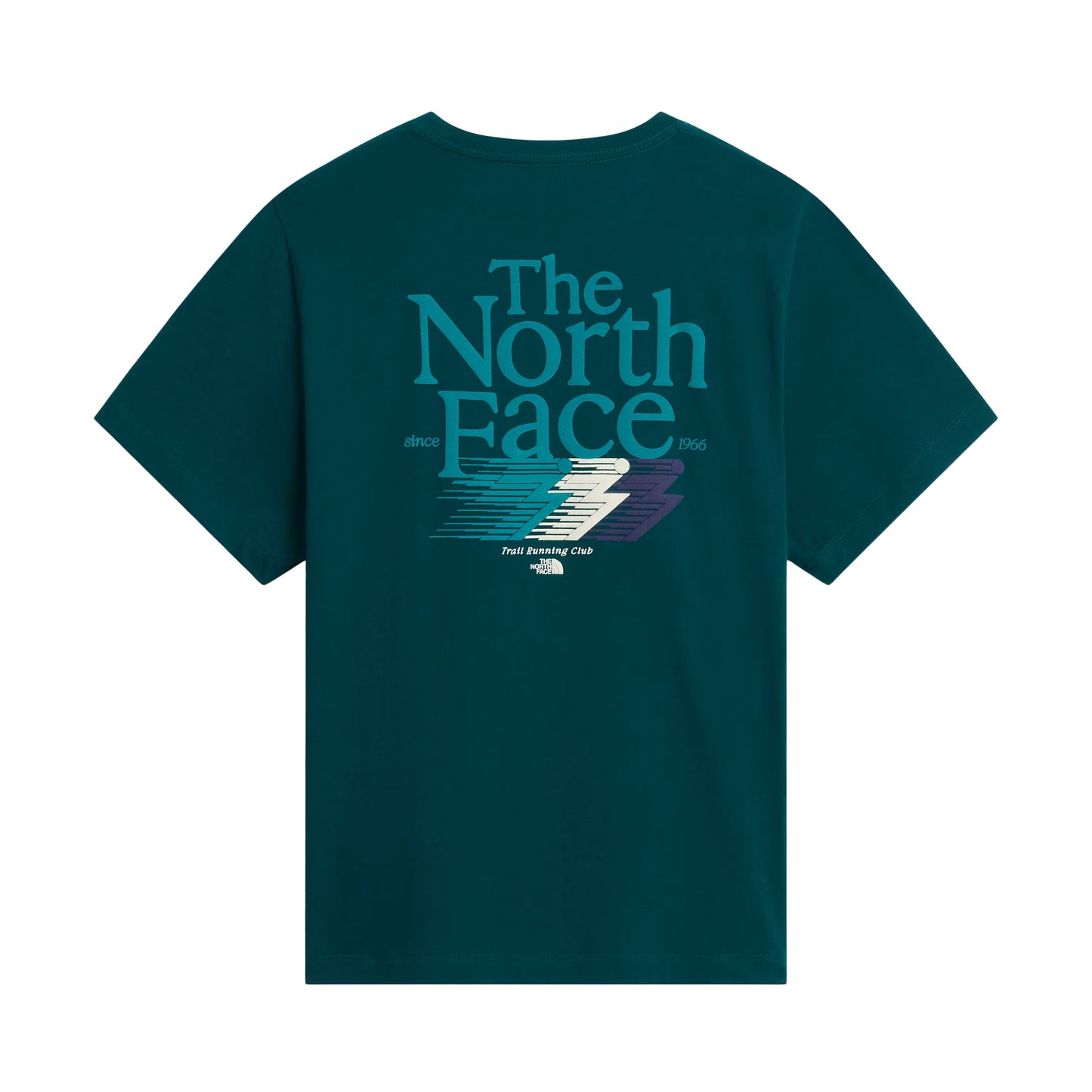 T-Shirt The North Face Retro Trail Relaxed em Pacific Teal — vista traseira, produto sem modelo, gráfico "The North Face" em teal/azul-petróleo com inscrição "since 1966", "Trail Running Club" e raio estilizado em creme, teal e roxo nas costas visíveis, fundo branco.