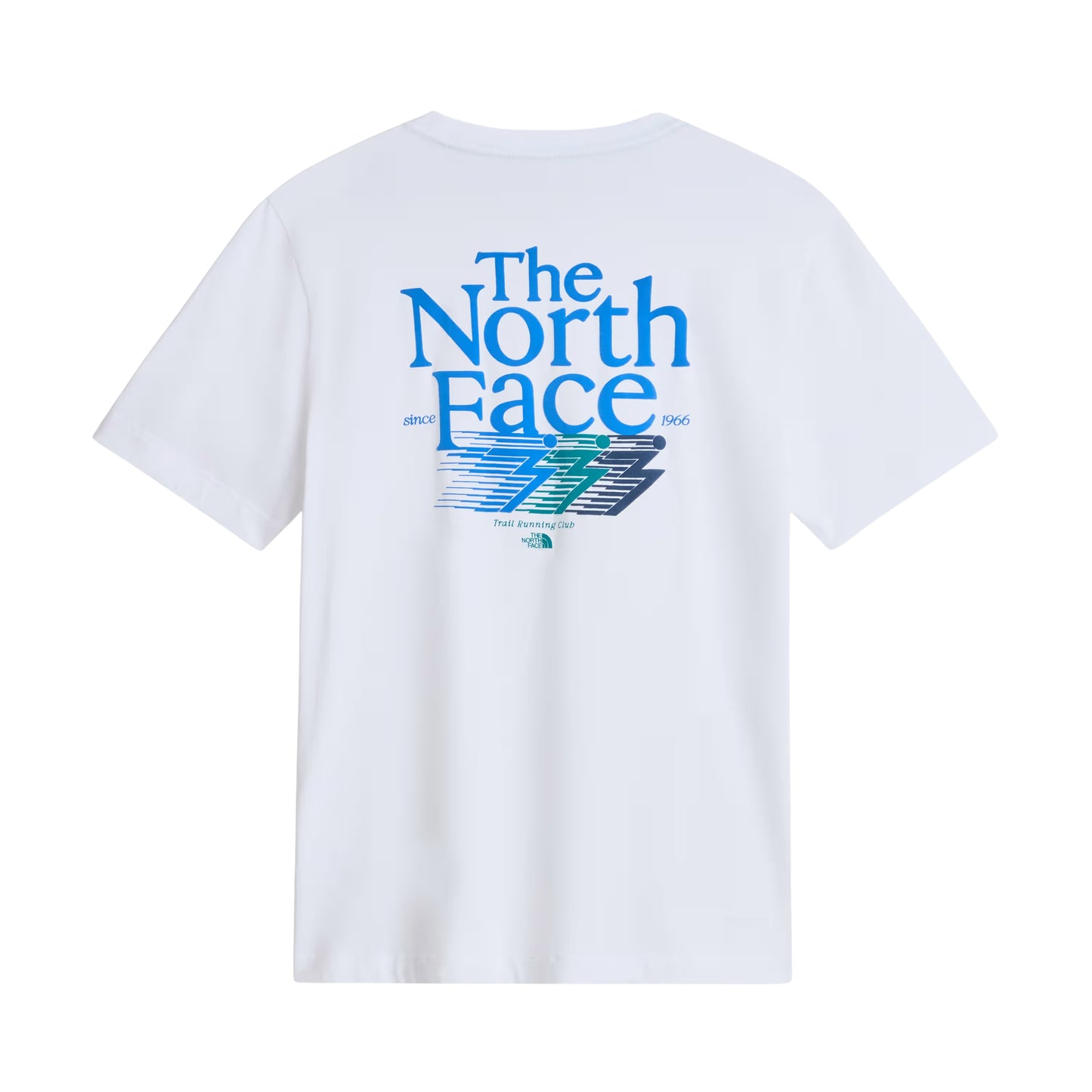T-Shirt The North Face Retro Trail Relaxed em TNF White — vista traseira, produto sem modelo, gráfico "The North Face" em azul-céu com raio estilizado em azul, verde-teal e cinza-escuro, inscrições "since 1966" e "Trail Running Club" nas costas visíveis, fundo branco.