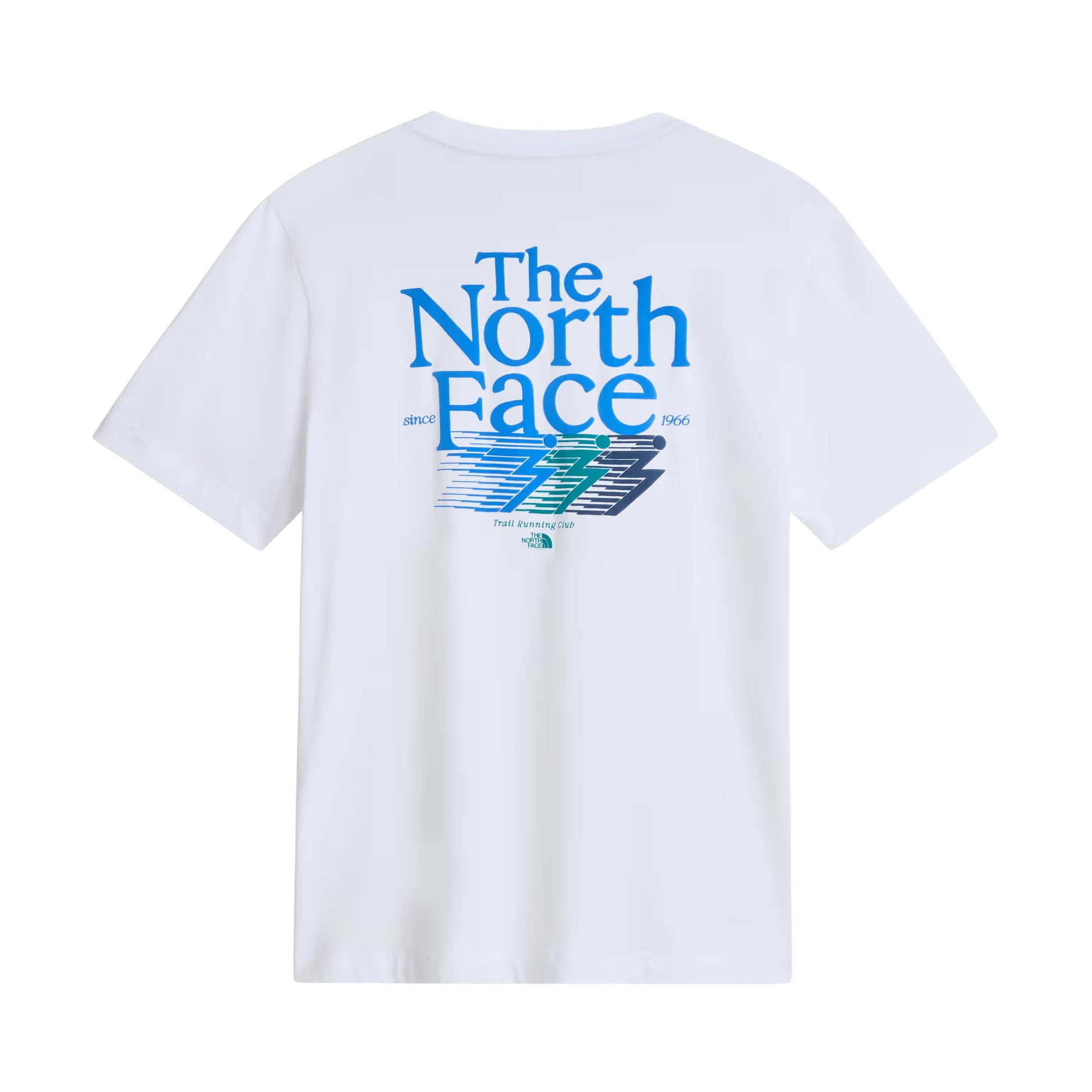 T-Shirt The North Face Retro Trail Relaxed em TNF White — vista traseira, produto sem modelo, gráfico "The North Face" em azul-céu com raio estilizado em azul, verde-teal e cinza-escuro, inscrições "since 1966" e "Trail Running Club" nas costas visíveis, fundo branco.