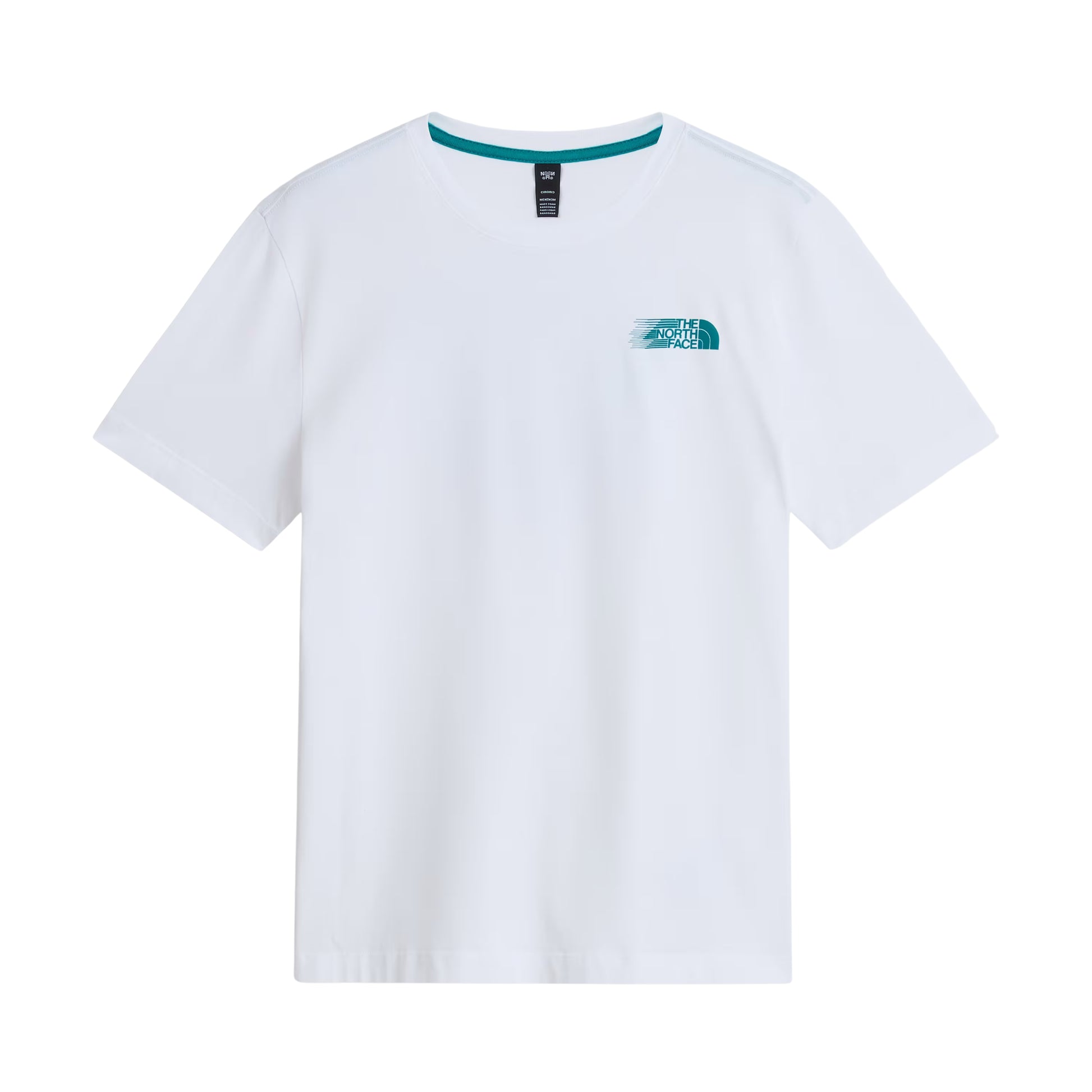 T-Shirt The North Face Retro Trail Relaxed em TNF White — vista frontal, produto sem modelo, logo TNF Retro Trail em teal/azul-petróleo no peito direito, gola canelada com interior teal, etiqueta TNF preta na gola e corte relaxed com ombros descaídos visíveis, fundo branco.