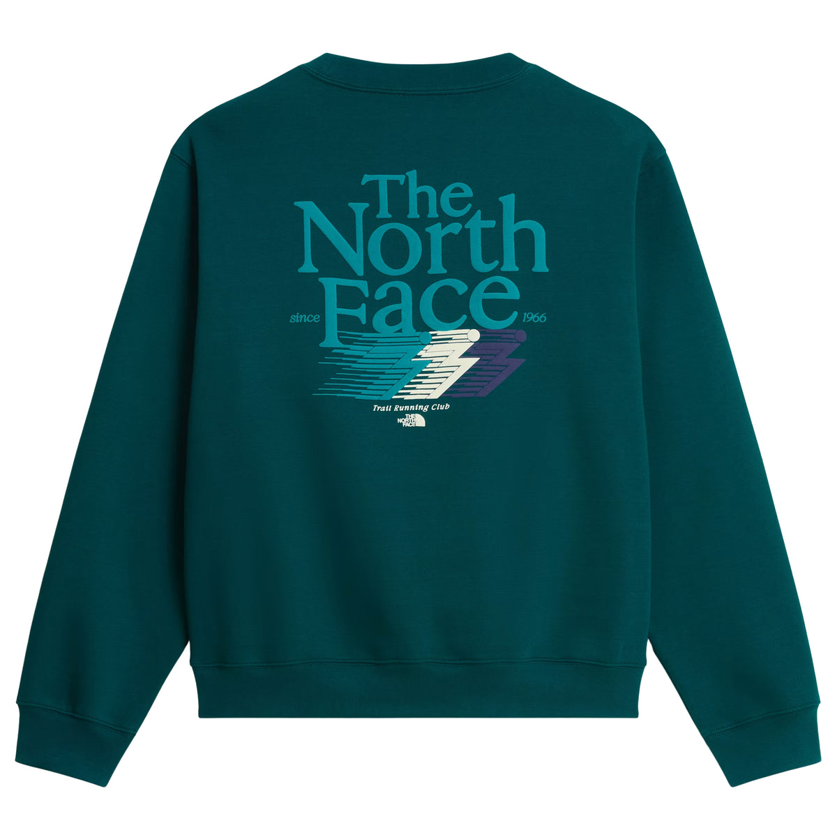 Sweatshirt para homem The North Face Retro Trail Relaxed Crew em Pacific Teal — flat lay de costas, produto sem modelo, malha polar teal, gráfico Retro Trail em relevo de camurça com "The North Face since 1966" em tipografia vintage e raio creme/azul escuro, "Trail Running Club" por baixo, punhos e bainha canelados, fundo branco.