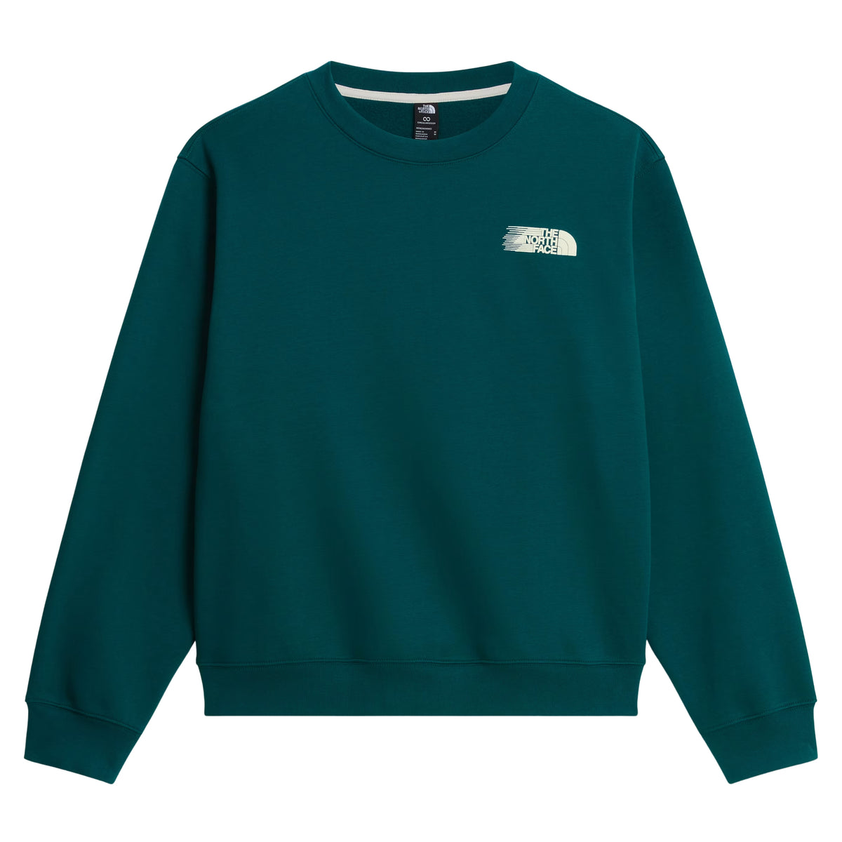 Sweatshirt para homem The North Face Retro Trail Relaxed Crew em Pacific Teal — flat lay de frente, produto sem modelo, malha polar teal, logo The North Face em relevo creme com efeito de velocidade no peito esquerdo, etiqueta visível na gola, gola redonda canelada, punhos e bainha canelados, fundo branco.