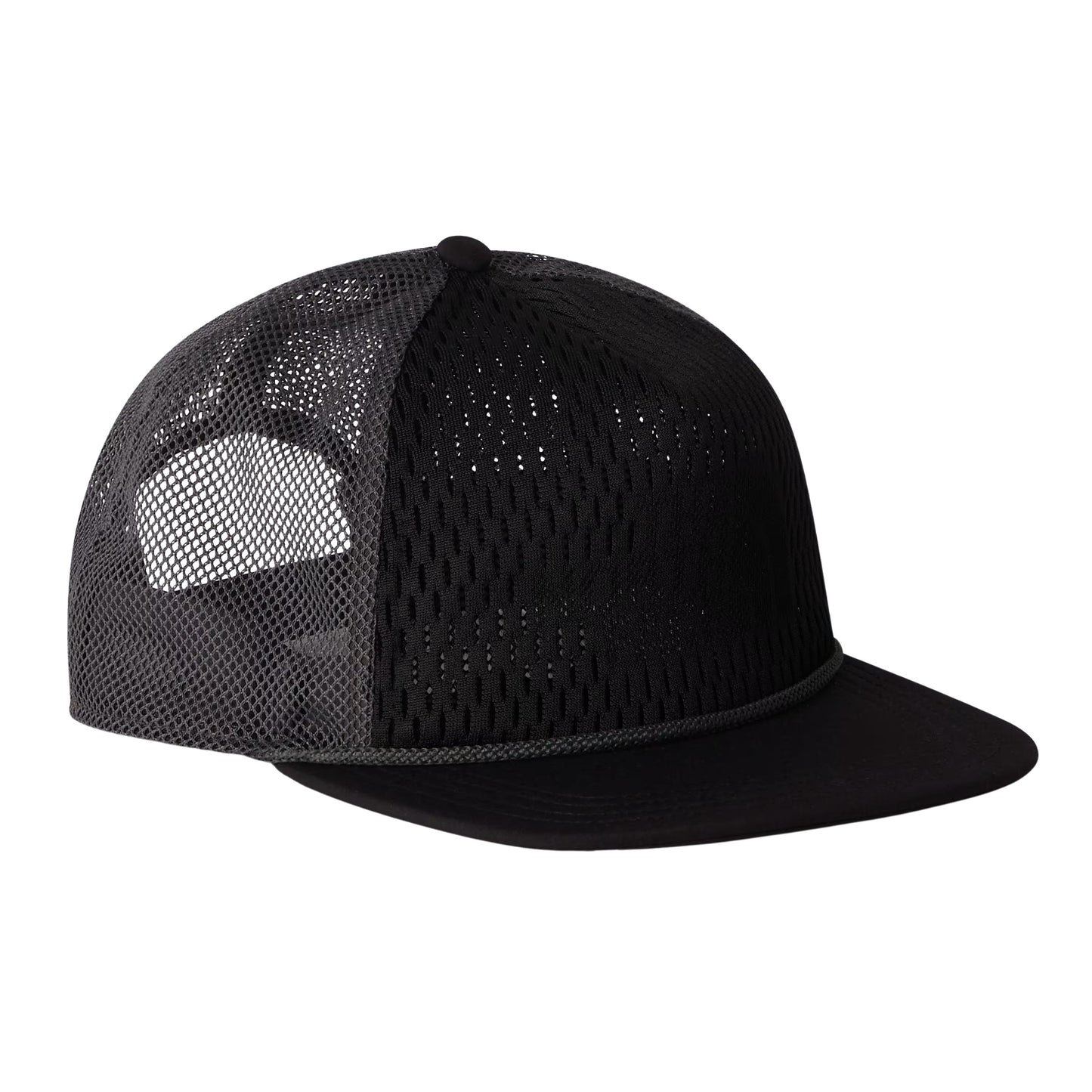 Boné unissexo The North Face Runner Trucker em Preto TNF/Cinza Anthracite. Foto da parte da frente.