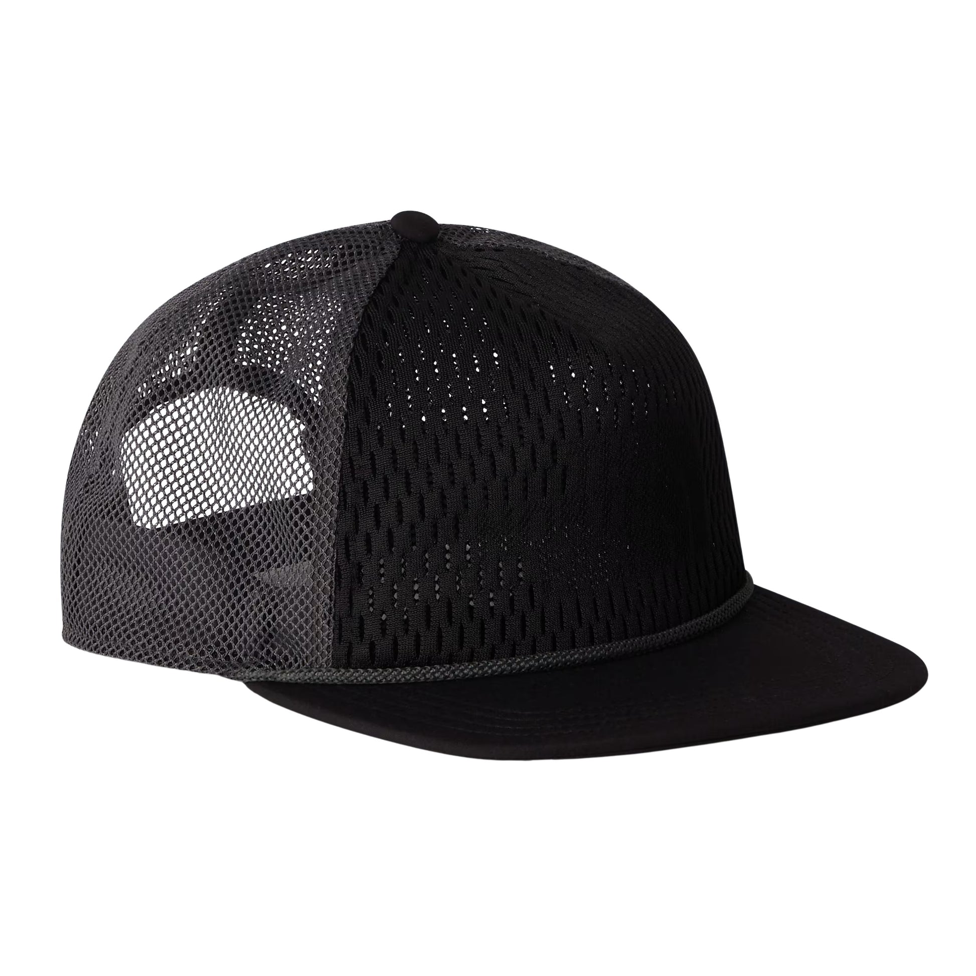 Boné unissexo The North Face Runner Trucker em Preto TNF/Cinza Anthracite. Foto da parte da frente.