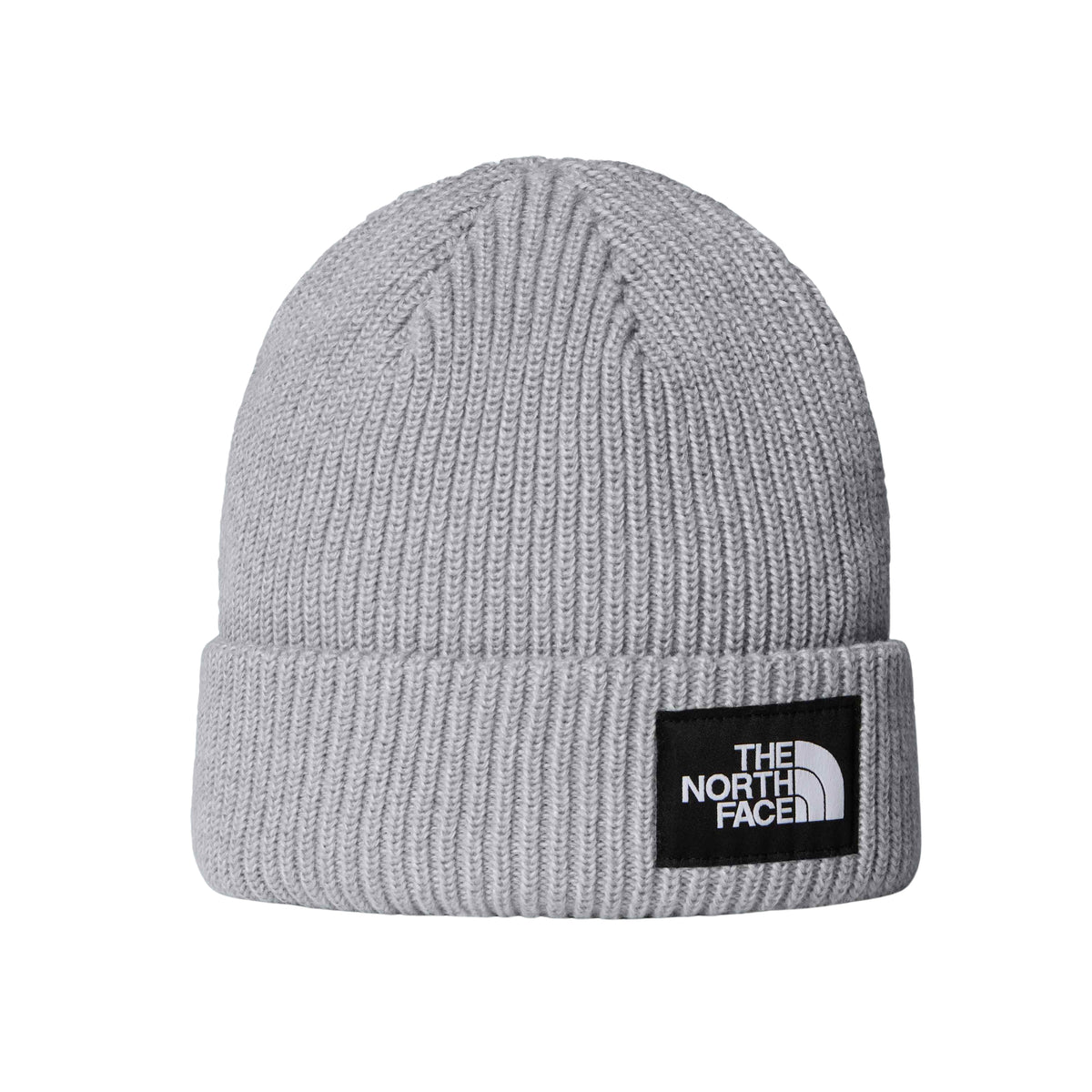 Gorro The North Face Salty Lined cinzento-claro mesclado, com dobra e etiqueta preta com logótipo branco.