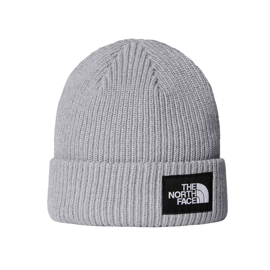 Gorro The North Face Salty Lined cinzento-claro mesclado, com dobra e etiqueta preta com logótipo branco.
