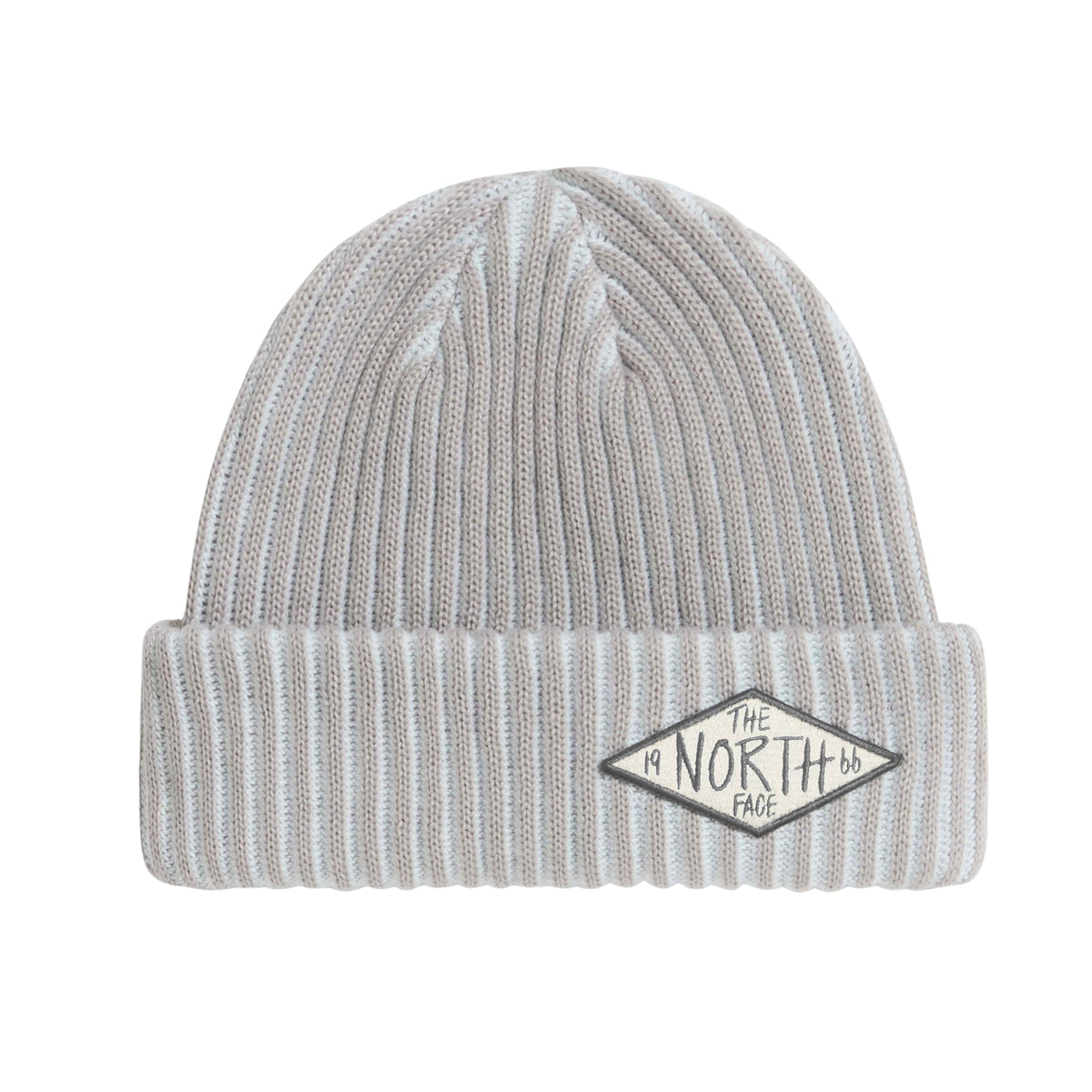 Gorro The North Face Salty Lined SE em Stone Slab, com malha canelada, dobra larga e emblema TNF 66 em forma de losango.