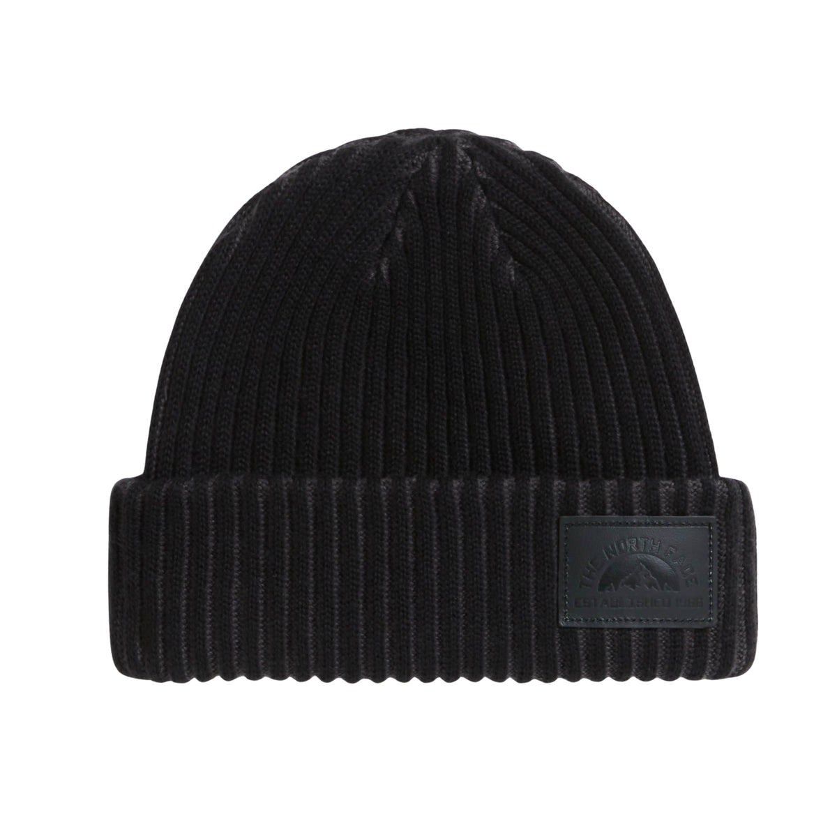 Gorro The North Face Salty Lined SE preto, com malha canelada, dobra larga e emblema retangular preto na frente.