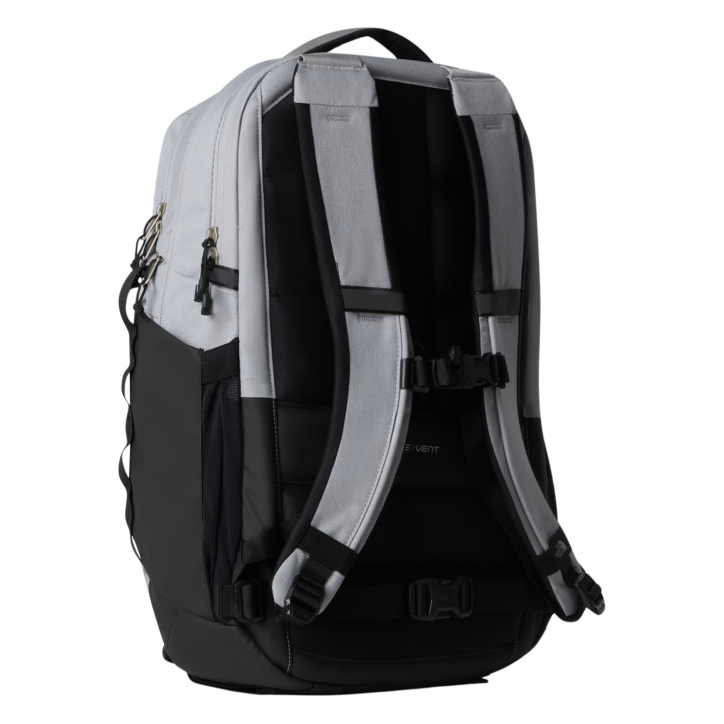 Mochila unissexo The North Face Surge em Cinza Escuro Heather Meld/Preto TNF. Foto da parte de trás.