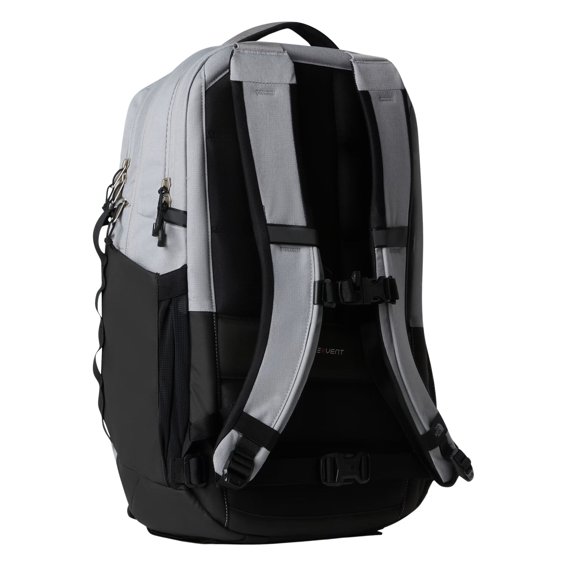 Mochila unissexo The North Face Surge em Cinza Escuro Heather Meld/Preto TNF. Foto da parte de trás.