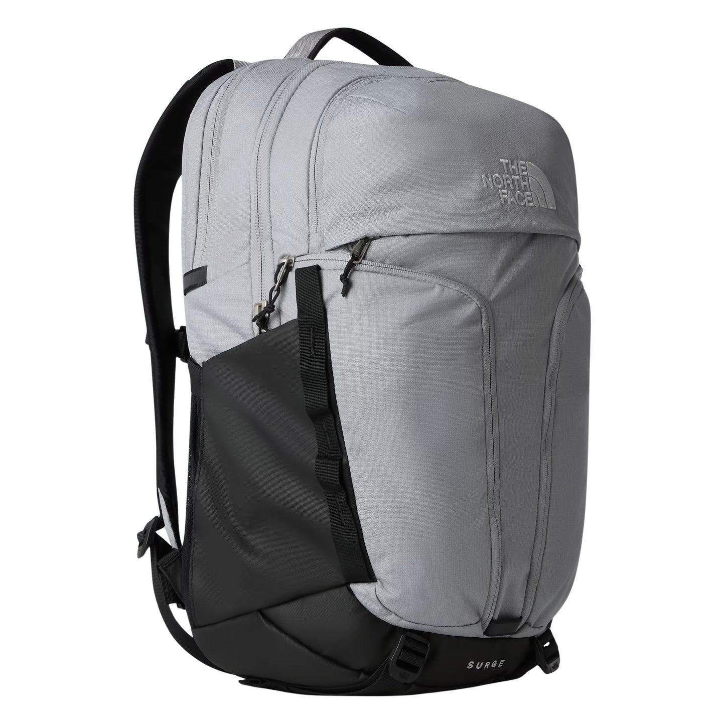 Mochila unissexo The North Face Surge em Cinza Escuro Heather Meld/Preto TNF. Foto da parte da frente.