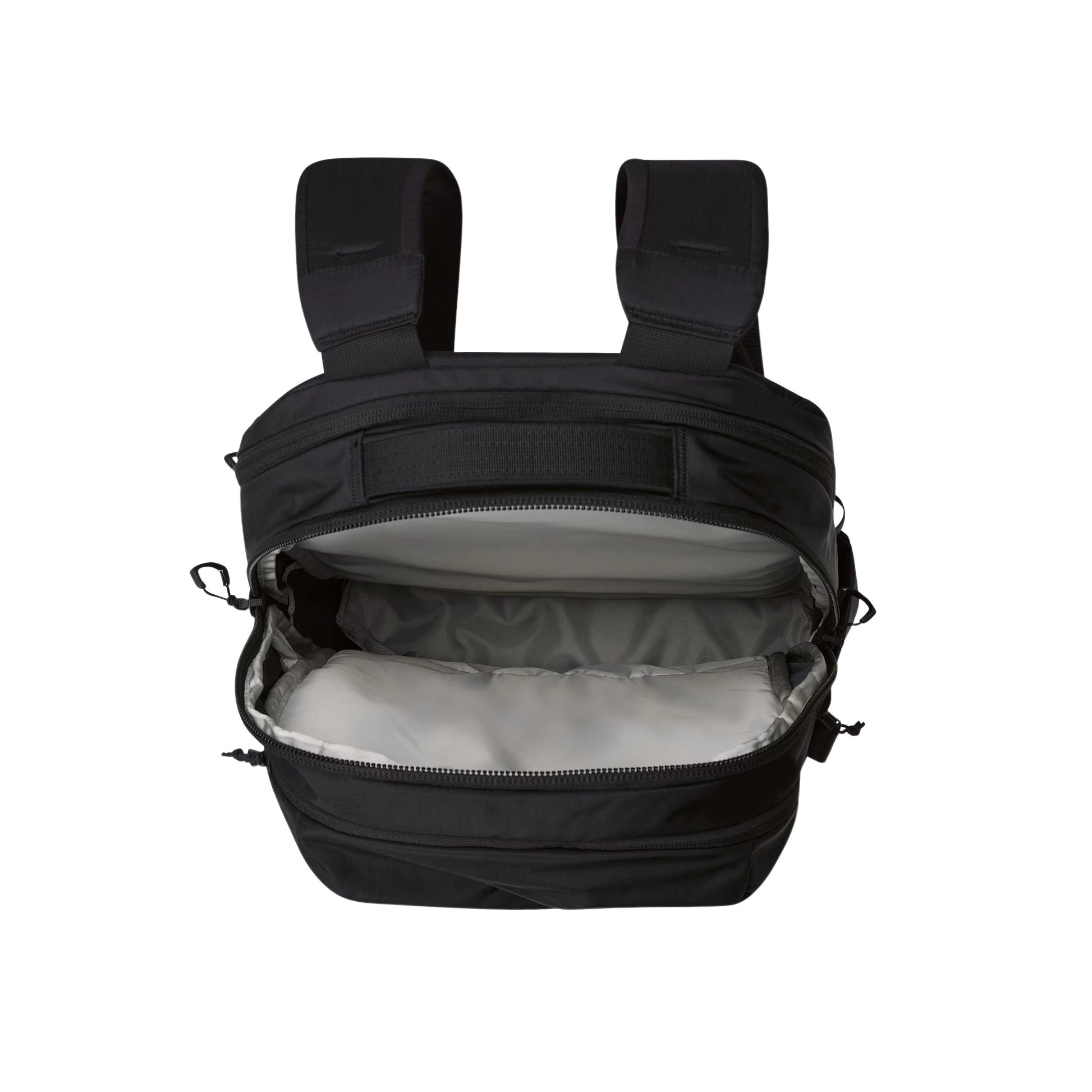 Mochila unissexo The North Face Surge em Preto TNF/Preto TNF. Foto da parte superior da mochila, aberta.