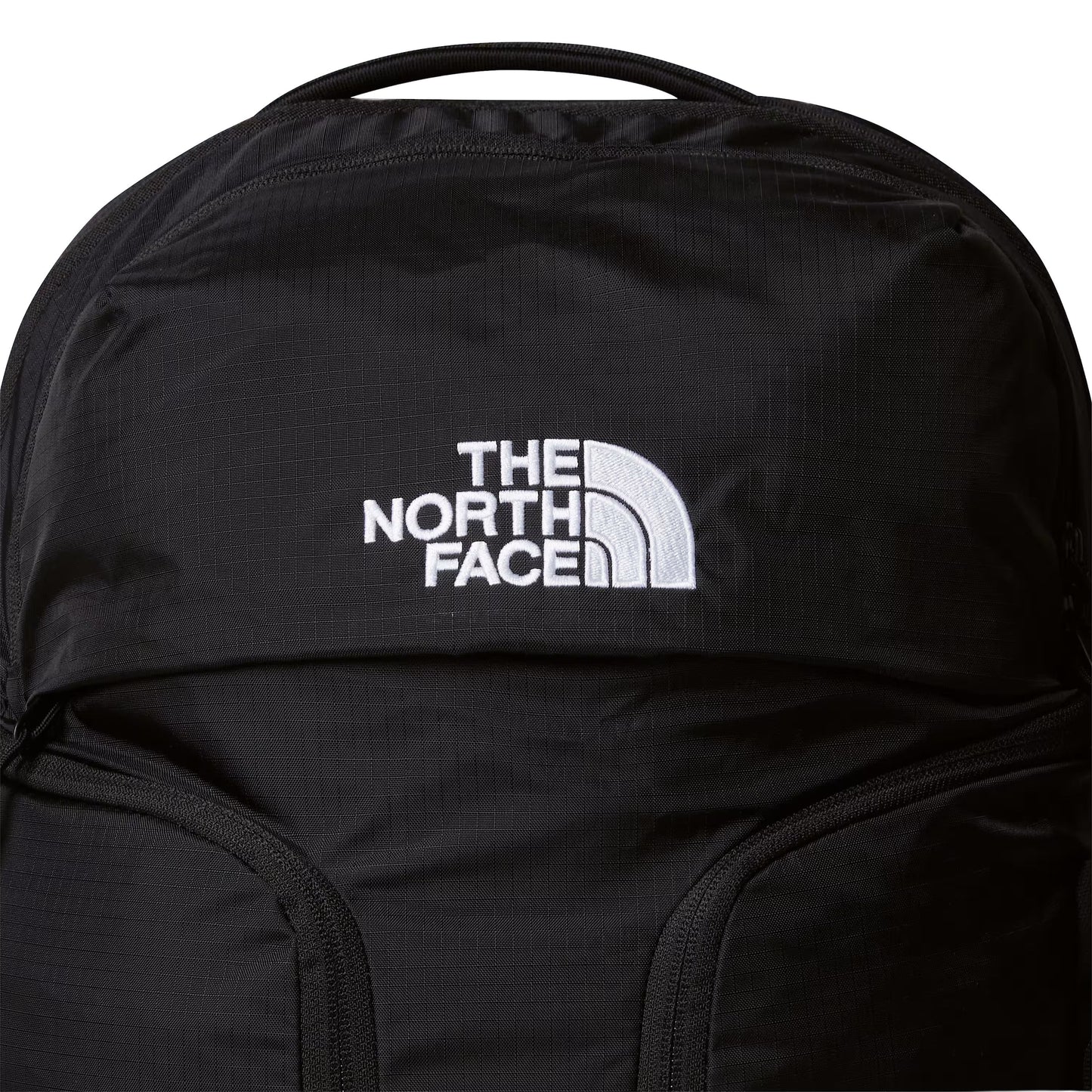 Mochila unissexo The North Face Surge em Preto TNF/Preto TNF. Foto de detalhe da parte da frente.