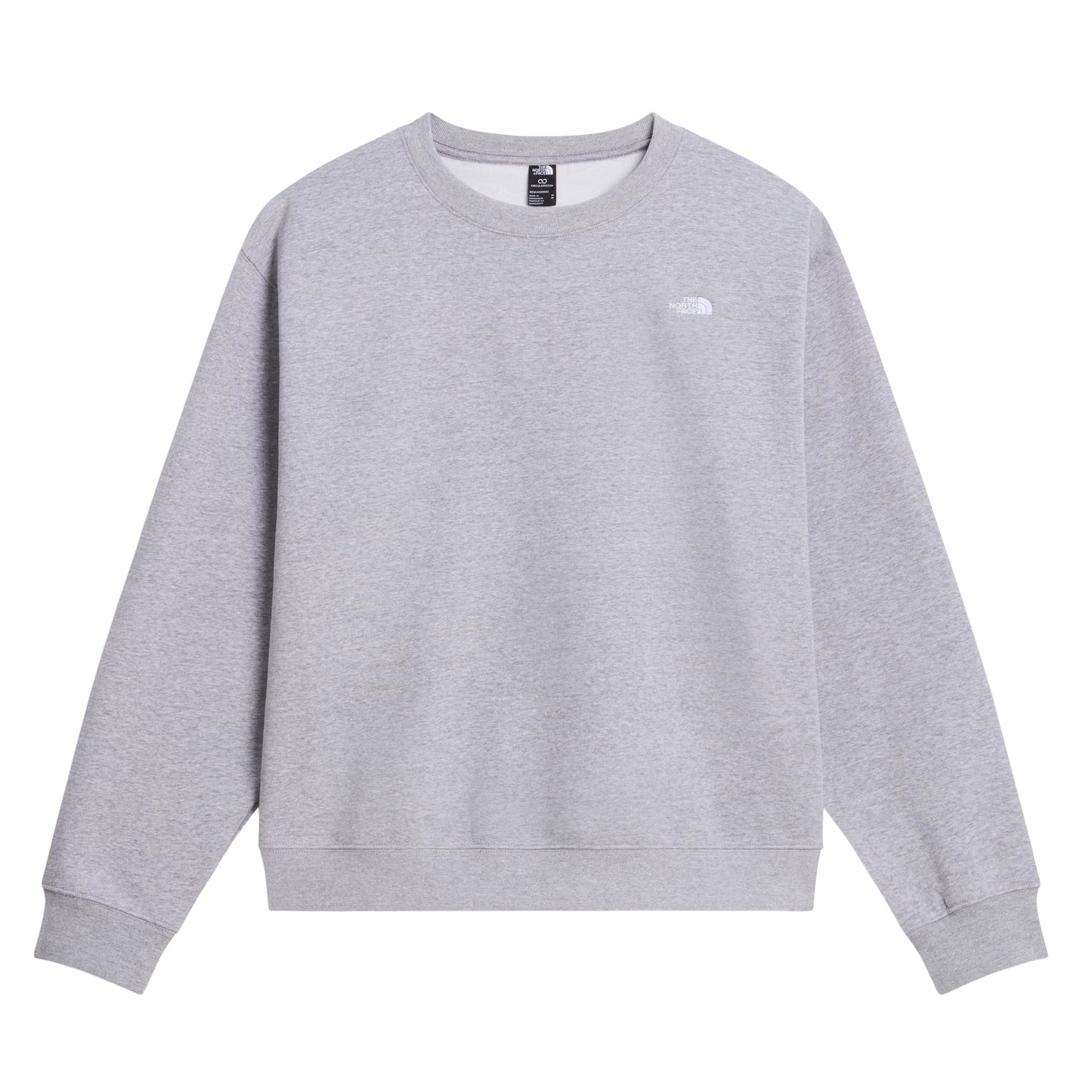 Sweat The North Face TNF Essential Simple Dome Relaxed em TNF Pale Grey Heather — vista frontal, produto sem modelo, logótipo TNF half-dome bordado em branco no peito esquerdo, gola, punhos e bainha canelados, malha cardada Pale Grey Heather 360 g/m² visível, fundo branco.