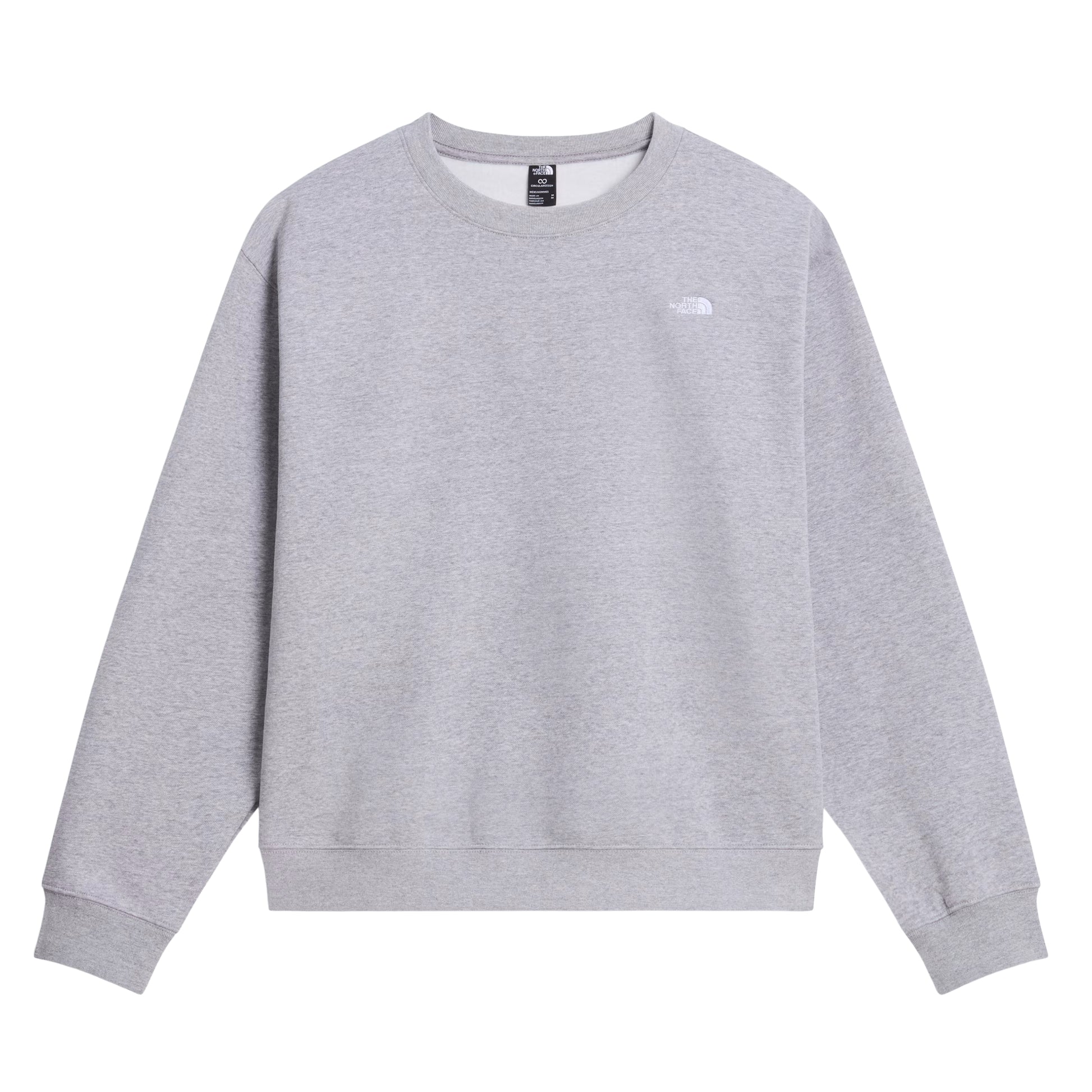 Sweat The North Face TNF Essential Simple Dome Relaxed em TNF Pale Grey Heather — vista frontal, produto sem modelo, logótipo TNF half-dome bordado em branco no peito esquerdo, gola, punhos e bainha canelados, malha cardada Pale Grey Heather 360 g/m² visível, fundo branco.