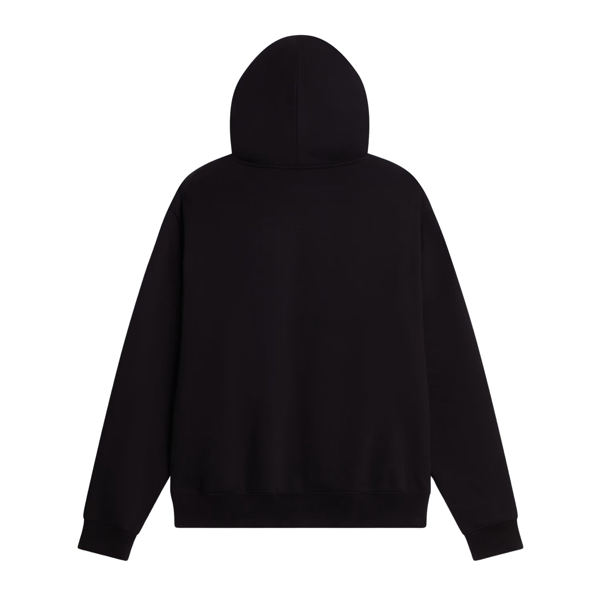 Hoodie The North Face TNF Essential Simple Dome Relaxed Full Zip em TNF Black — vista traseira, produto sem modelo, costas limpas em malha cardada preta, capuz com pregas, punhos e bainha canelados visíveis, fundo branco.