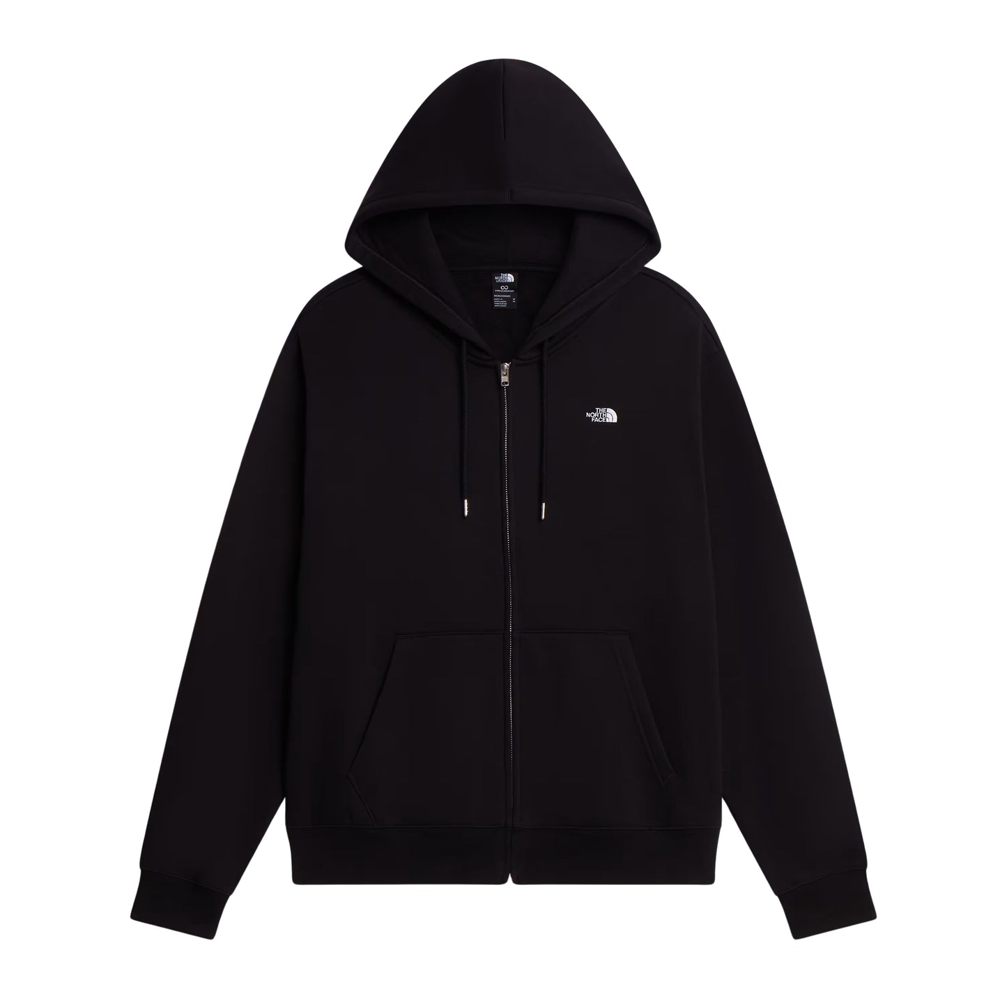 Hoodie The North Face TNF Essential Simple Dome Relaxed Full Zip em TNF Black — vista frontal, produto sem modelo, fechada, logótipo TNF half-dome bordado em branco no peito esquerdo, capuz com cordão branco, fecho de correr integral prateado e bolso canguru dividido visíveis, fundo branco.