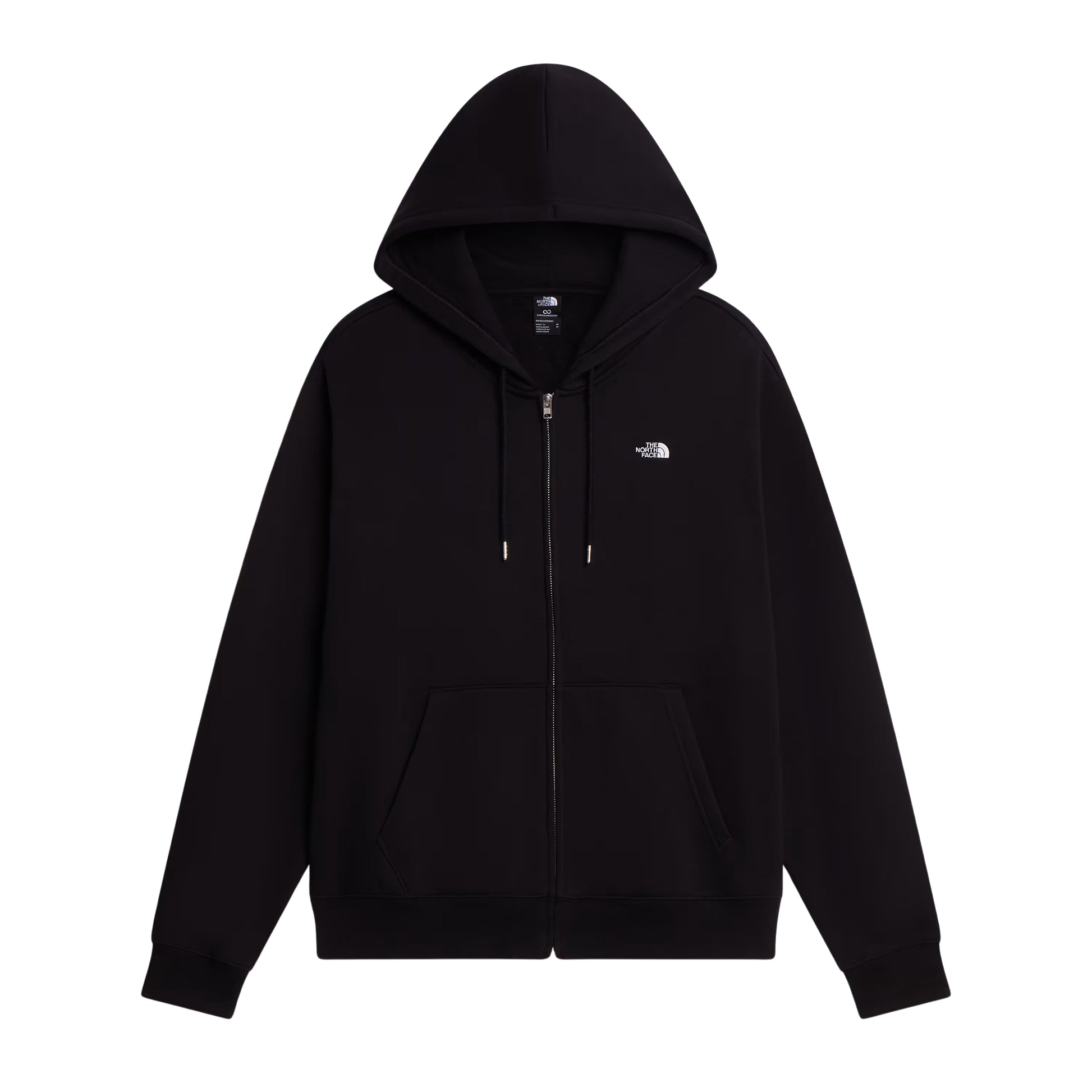 Hoodie The North Face TNF Essential Simple Dome Relaxed Full Zip em TNF Black — vista frontal, produto sem modelo, fechada, logótipo TNF half-dome bordado em branco no peito esquerdo, capuz com cordão branco, fecho de correr integral prateado e bolso canguru dividido visíveis, fundo branco.