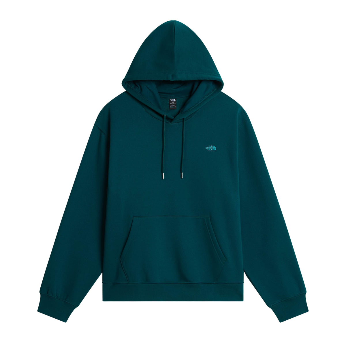 Vista frontal da sweat The North Face Essential Simple Dome Pacific Teal, com capuz ajustável, bolso canguru e logótipo bordado.