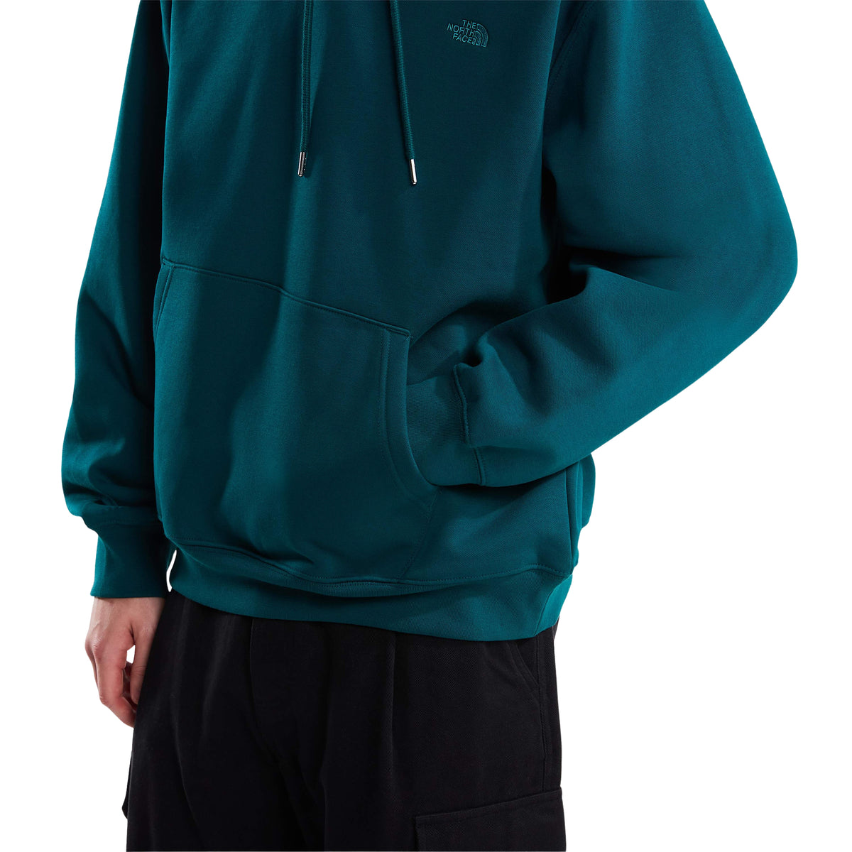 Pormenor do bolso canguru, punhos e bainha canelados da sweat The North Face Essential Simple Dome Pacific Teal.