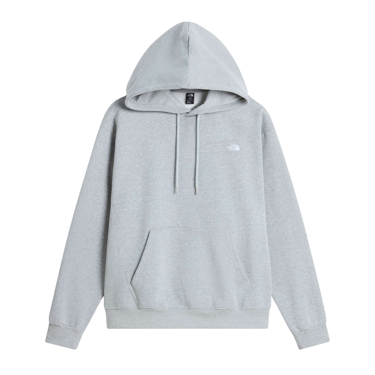 Vista frontal da sweat The North Face Essential Simple Dome cinza-claro mesclado, com capuz ajustável, bolso canguru e logótipo branco.