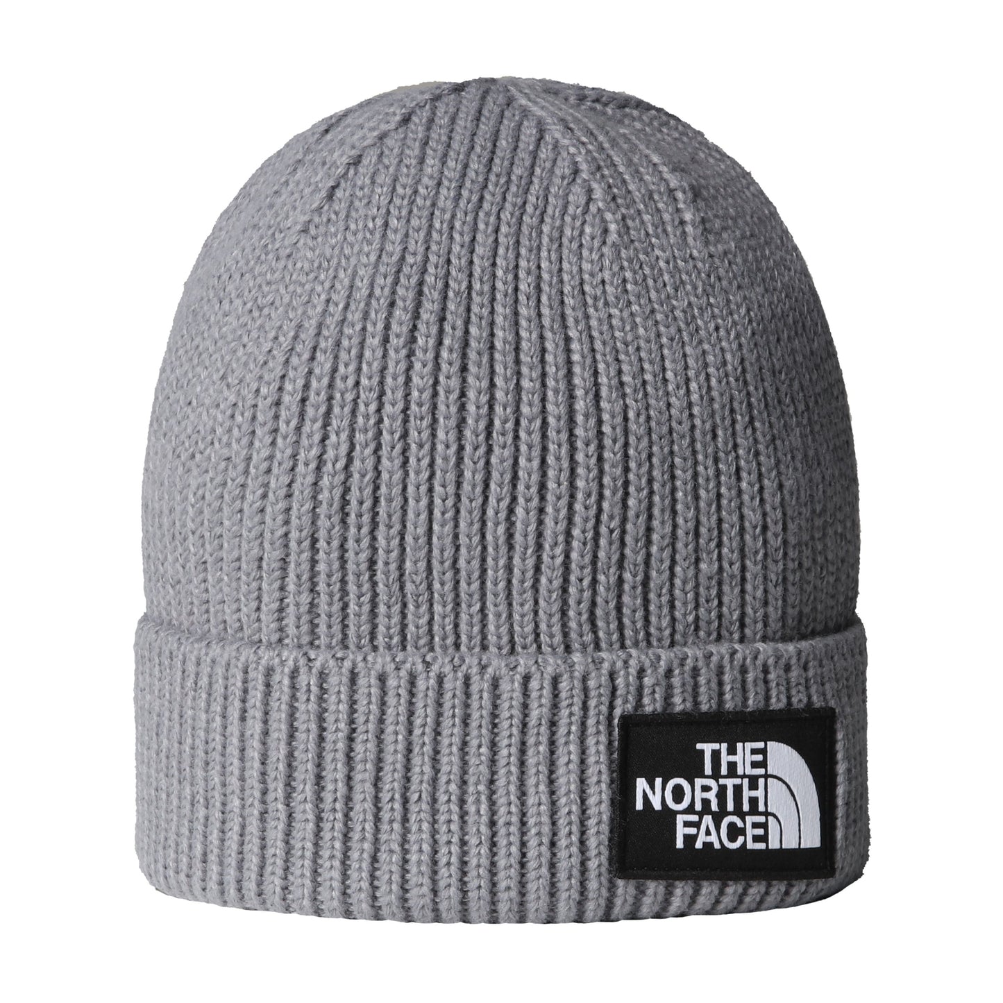 Gorro unissexo The North Face TNF Logo Box Cuffed em Medium Grey Heather. Foto da parte da frente.