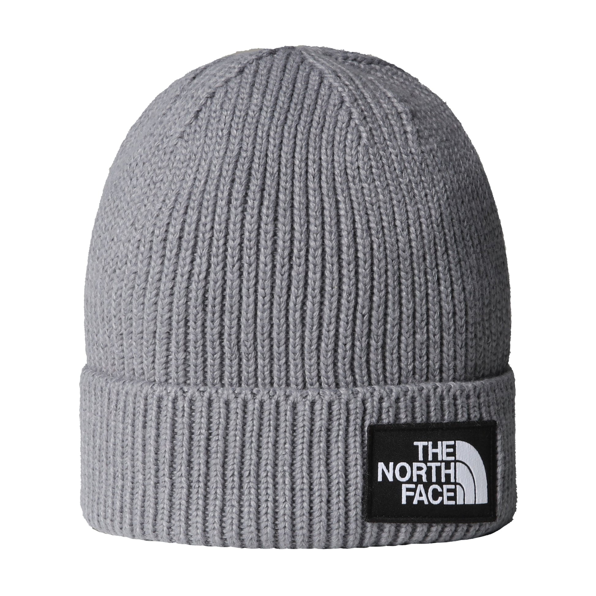 Gorro unissexo The North Face TNF Logo Box Cuffed em Medium Grey Heather. Foto da parte da frente.