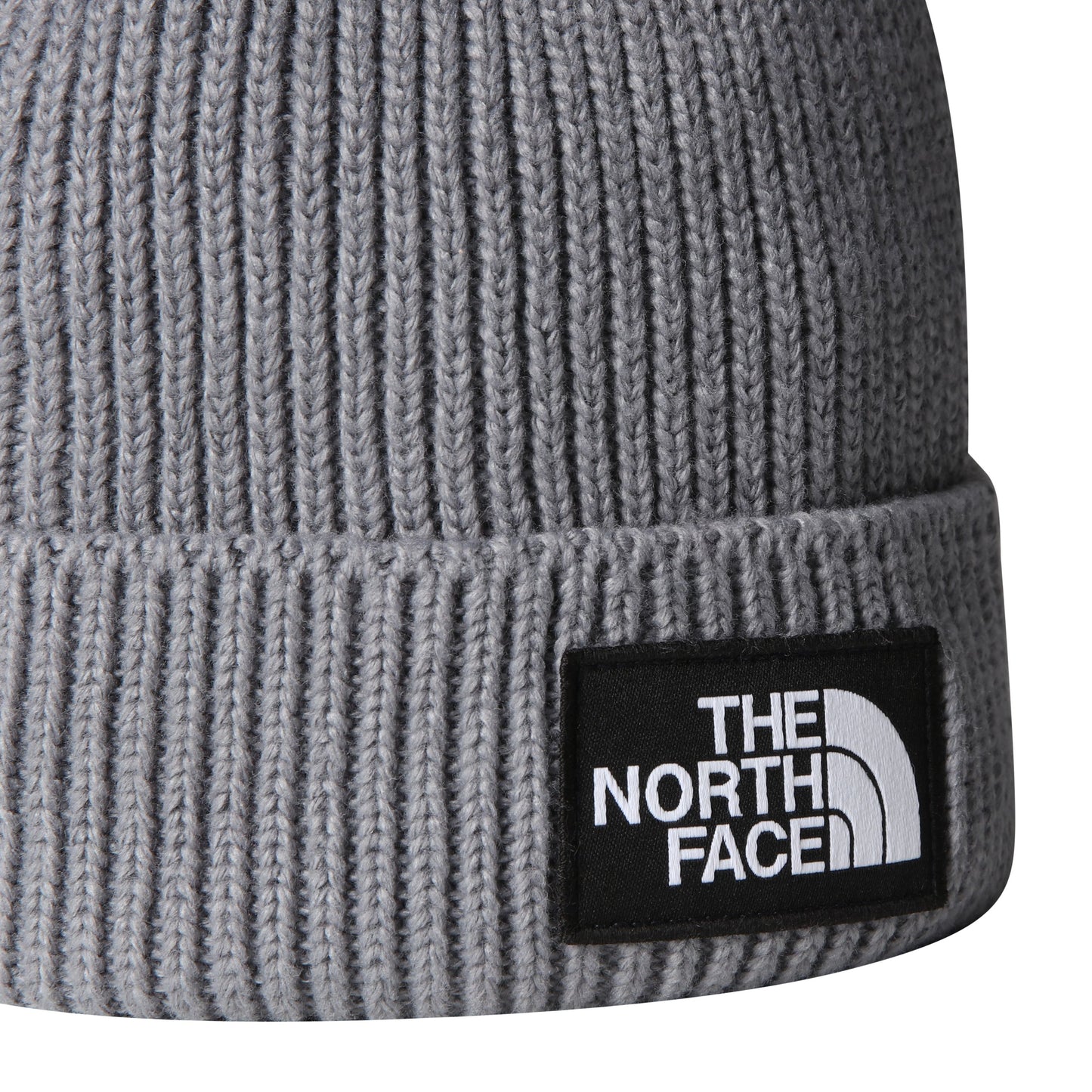 Gorro unissexo The North Face TNF Logo Box Cuffed em Medium Grey Heather. Foto de detalhe do logotipo.