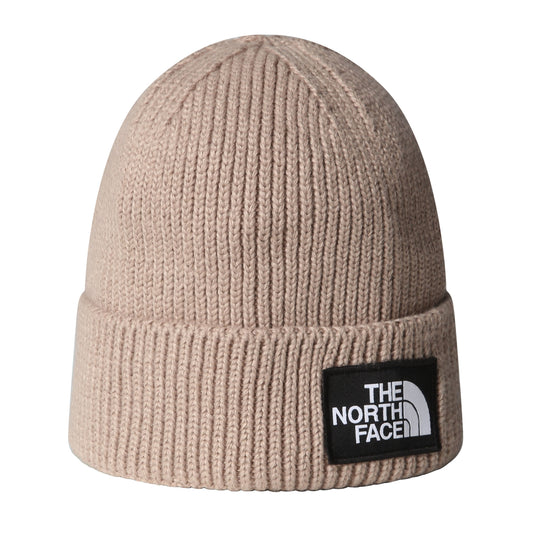 Gorro unissexo The North Face TNF Logo Box Cuffed em Mushroom Grey. Foto da parte da frente.