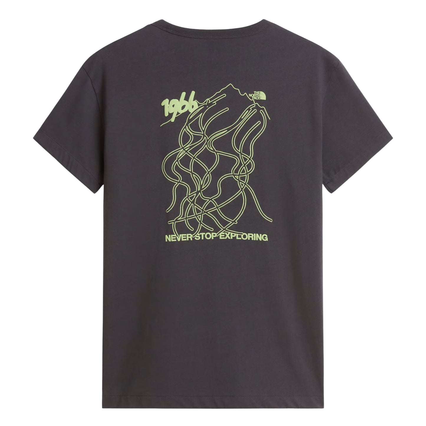 T-shirt unissexo The North Face NSE Slopes Relaxed em Anthracite Grey — vista traseira, produto sem modelo, gráfico NSE Slopes "1966 Never Stop Exploring" estampado em verde lima nas costas, ilustração de pistas de ski entrelaçadas e logótipo TNF half-dome no canto superior direito visíveis, fundo branco.