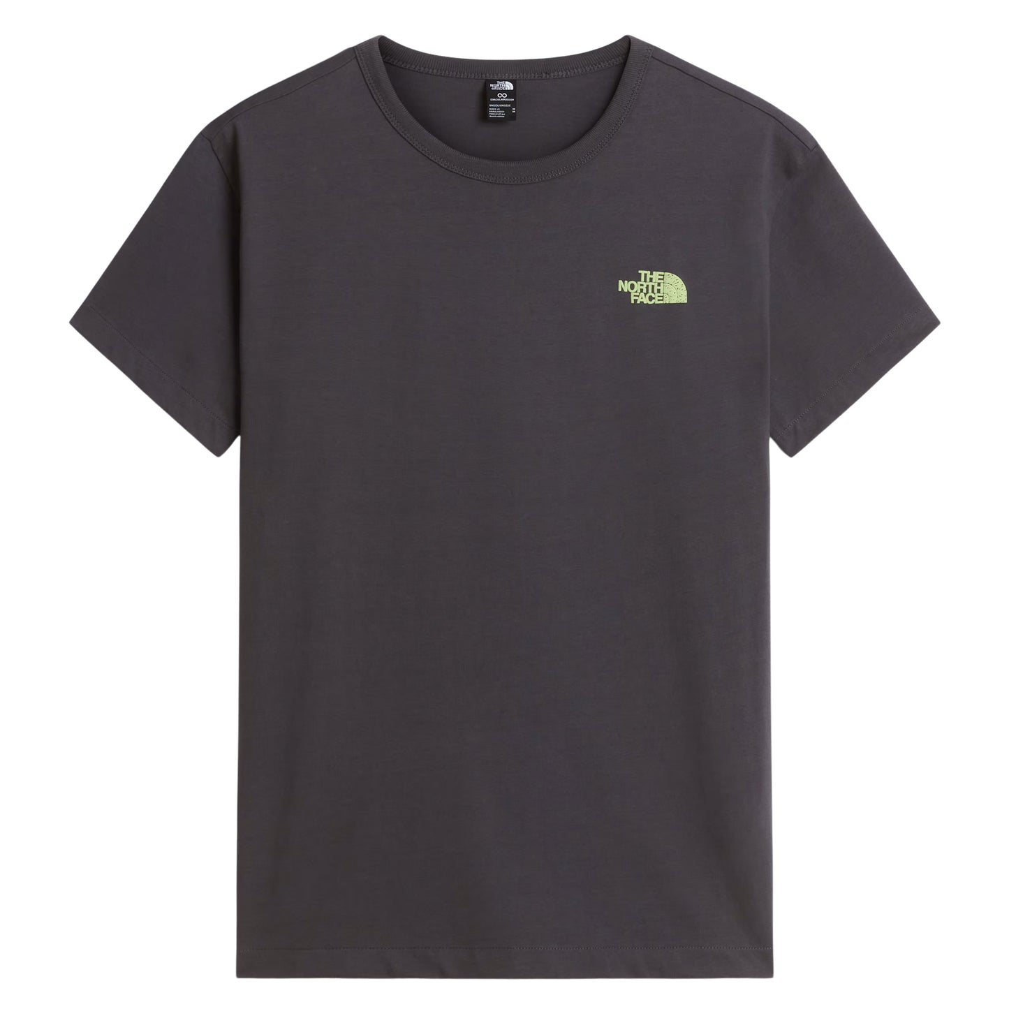 T-shirt unissexo The North Face NSE Slopes Relaxed em Anthracite Grey — vista frontal, produto sem modelo, logótipo "The North Face" half-dome estampado em verde lima no peito direito, gola redonda canelada e jersey Anthracite Grey 220 g/m² visíveis, fundo branco.