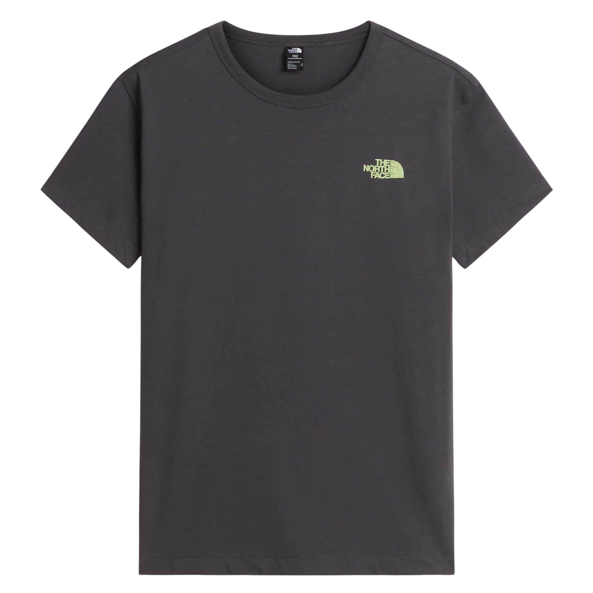 T-shirt unissexo The North Face NSE Slopes Relaxed em Anthracite Grey — vista frontal, produto sem modelo, logótipo "The North Face" half-dome estampado em verde lima no peito direito, gola redonda canelada e jersey Anthracite Grey 220 g/m² visíveis, fundo branco.