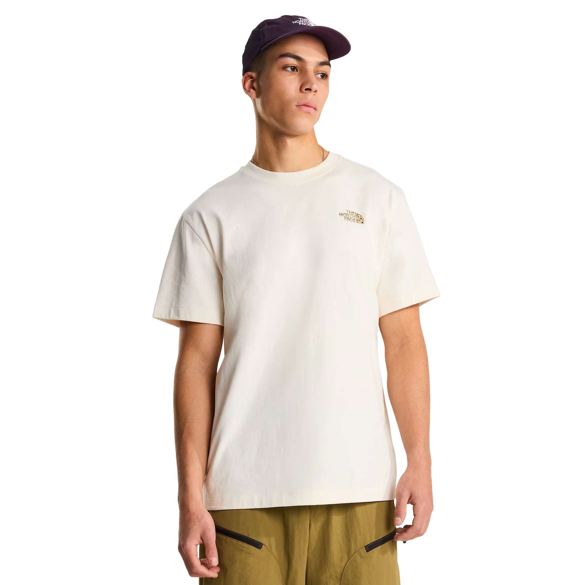 T-Shirt de manga curta unissexo The North Face TNF Snack Relaxed Graphic em Branco Dune. Foto da parte da frente, vestida.