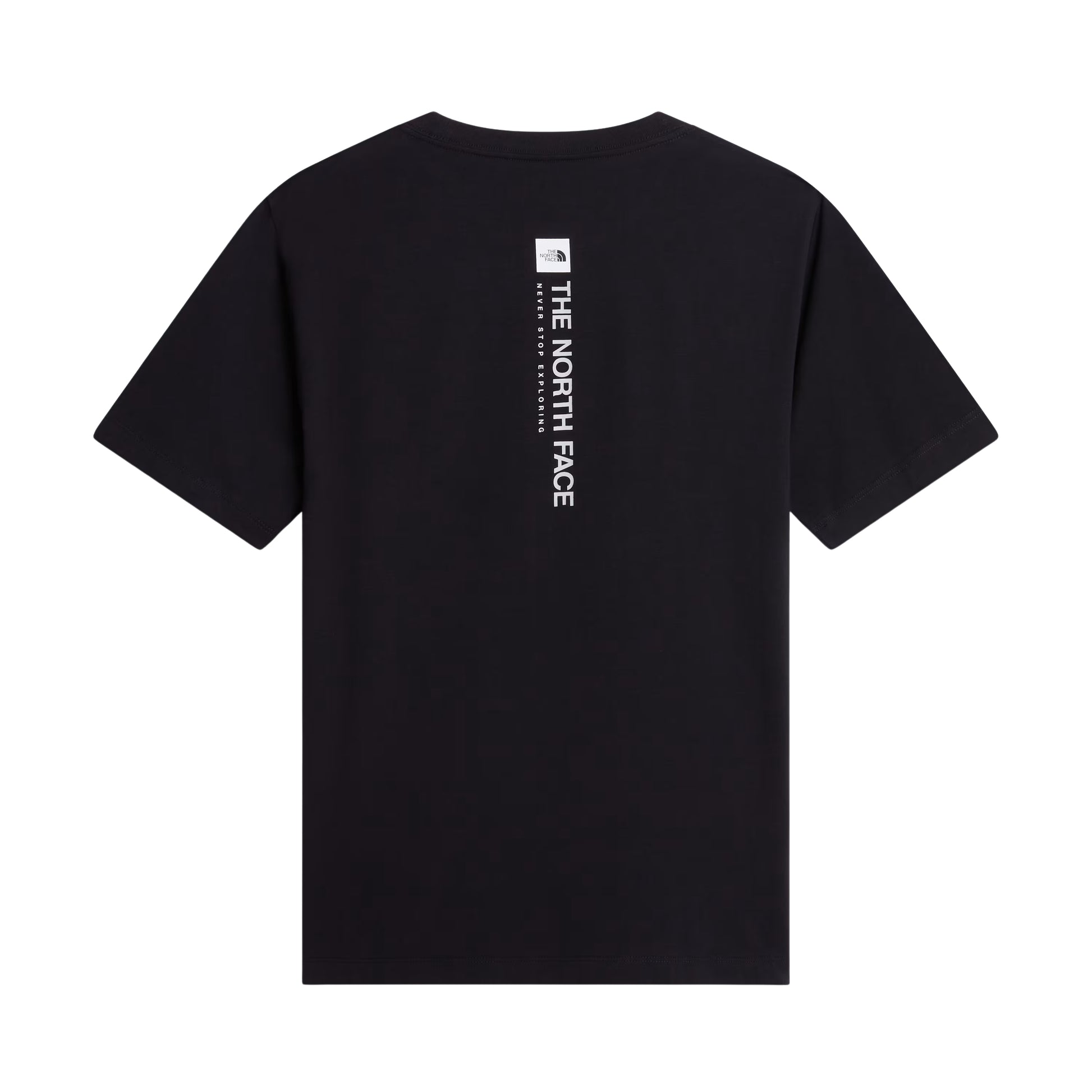 T-Shirt The North Face Vertical Regular em TNF Black — vista traseira, produto sem modelo, gráfico vertical "The North Face" em branco com logo TNF em caixa branca no topo e inscrição "Never Stop Exploring" nas costas visíveis, fundo branco.