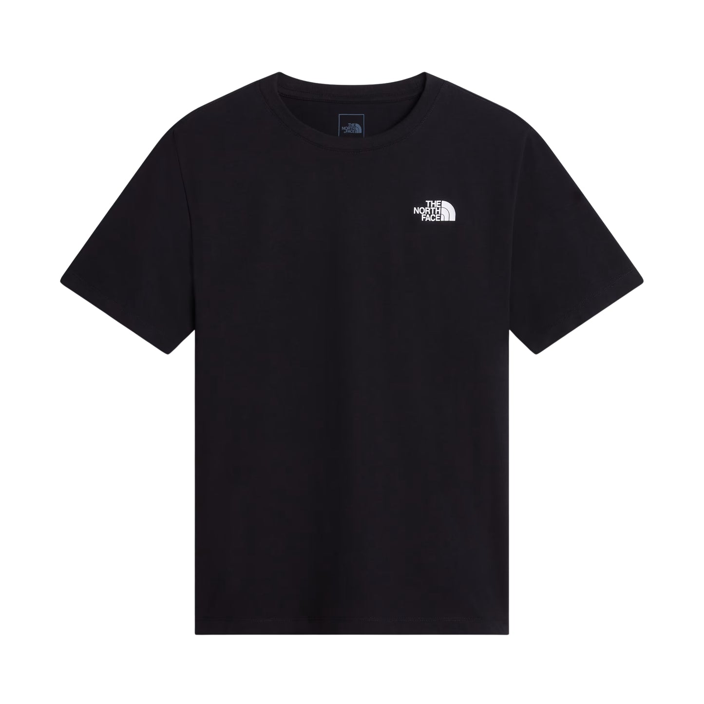 T-Shirt The North Face Vertical Regular em TNF Black — vista frontal, produto sem modelo, logo TNF half-dome em branco no peito esquerdo, gola redonda e etiqueta TNF azul-marinho na gola visíveis, corte regular, fundo branco.
