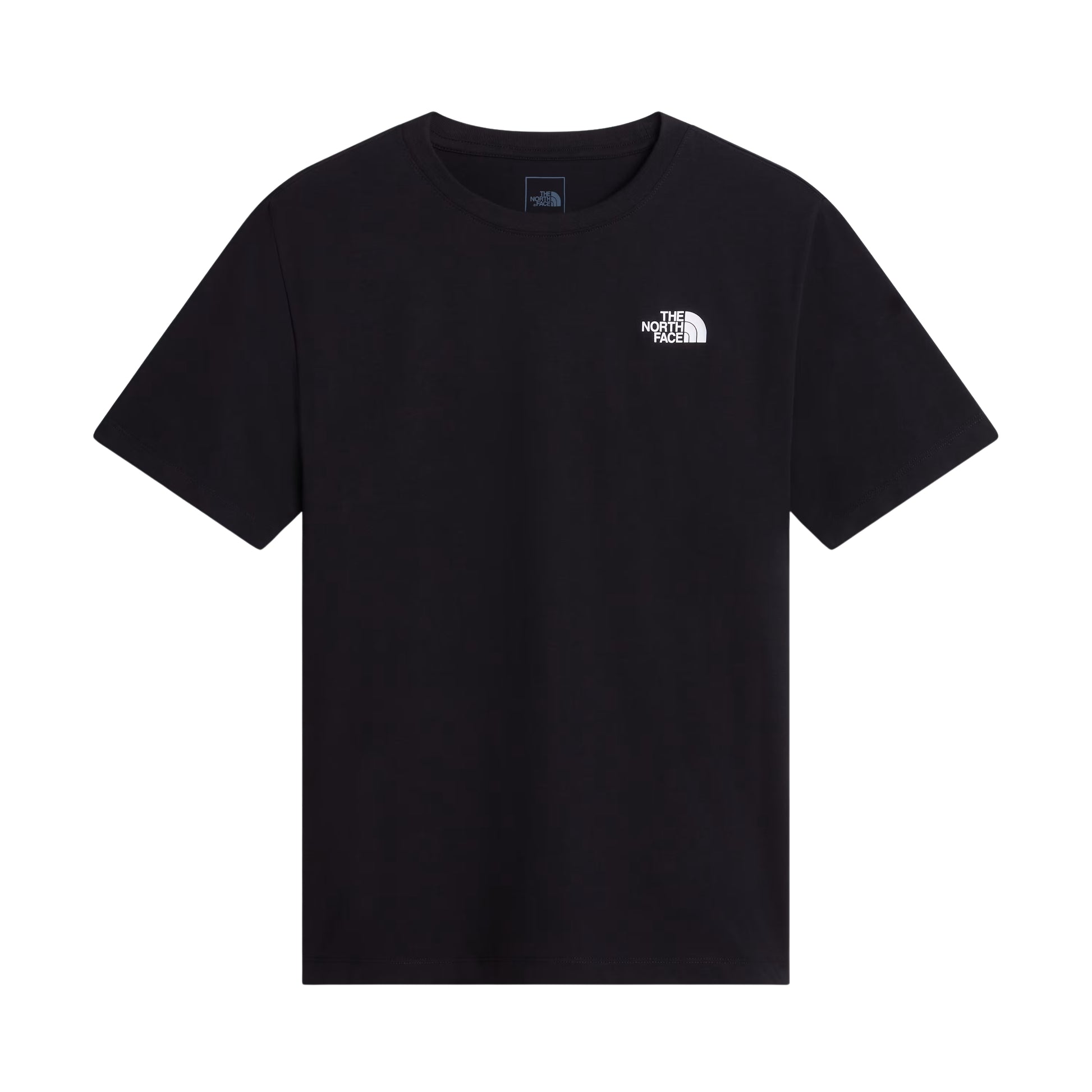T-Shirt The North Face Vertical Regular em TNF Black — vista frontal, produto sem modelo, logo TNF half-dome em branco no peito esquerdo, gola redonda e etiqueta TNF azul-marinho na gola visíveis, corte regular, fundo branco.