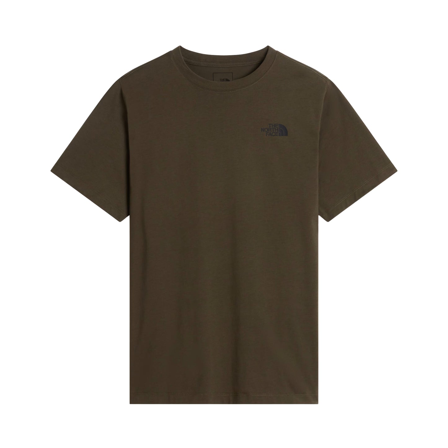 T-Shirt The North Face Yosemite Oak Box NSE Regular em New Taupe Green — vista frontal, produto sem modelo, logo TNF em serigrafia em preto no peito esquerdo e gola canelada redonda visíveis, corte regular, fundo branco.