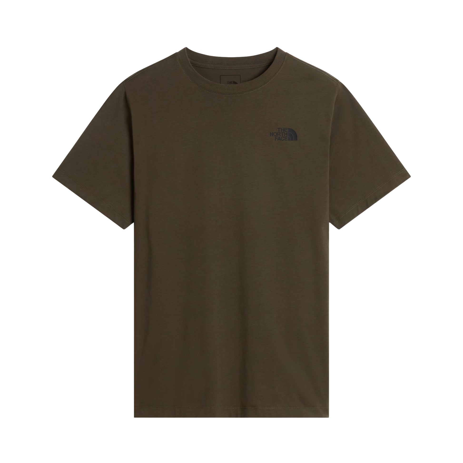 T-Shirt The North Face Yosemite Oak Box NSE Regular em New Taupe Green — vista frontal, produto sem modelo, logo TNF em serigrafia em preto no peito esquerdo e gola canelada redonda visíveis, corte regular, fundo branco.