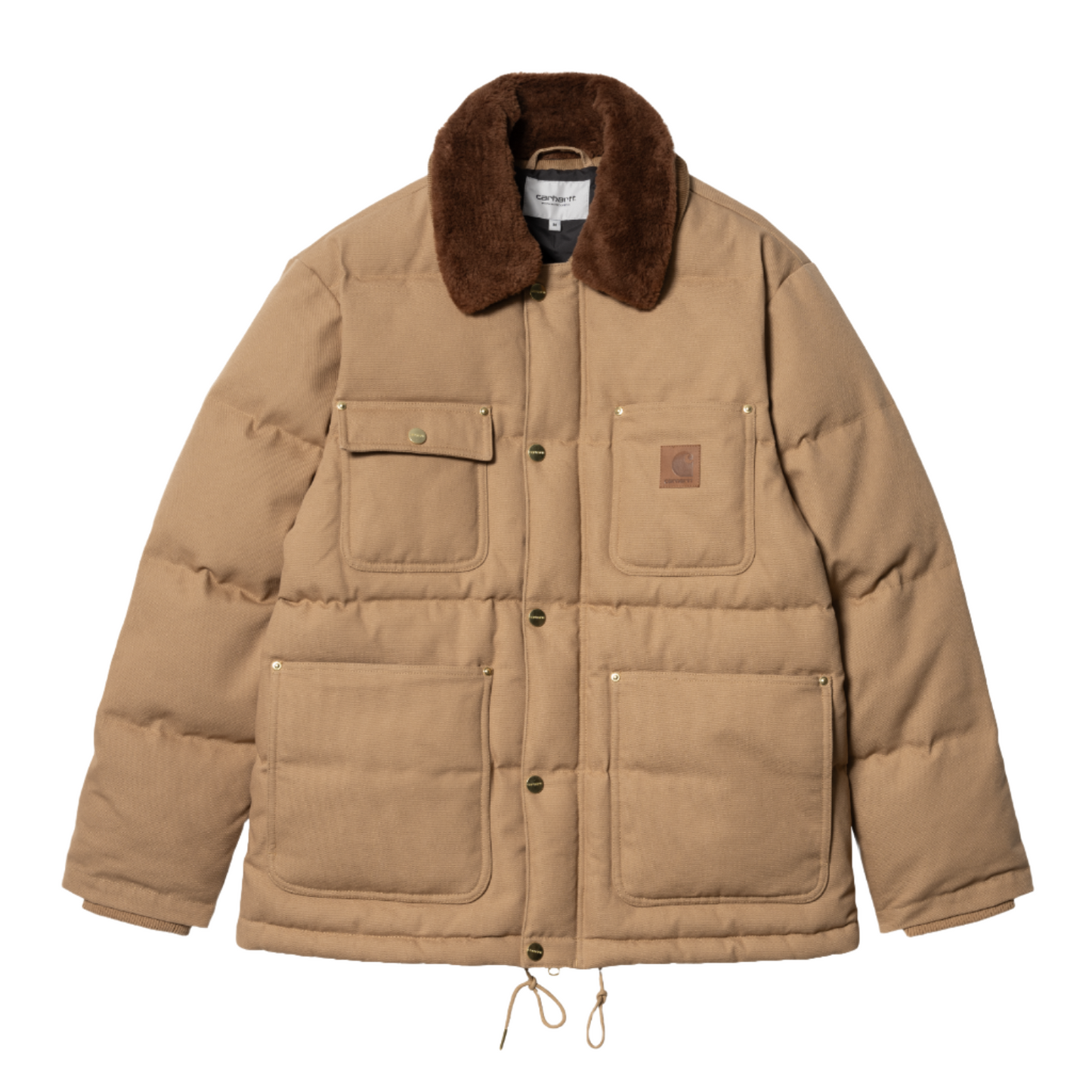 Carhartt WIP Rayley Jacket Peanut. Foto da parte da frente fechado com golas de pelo.