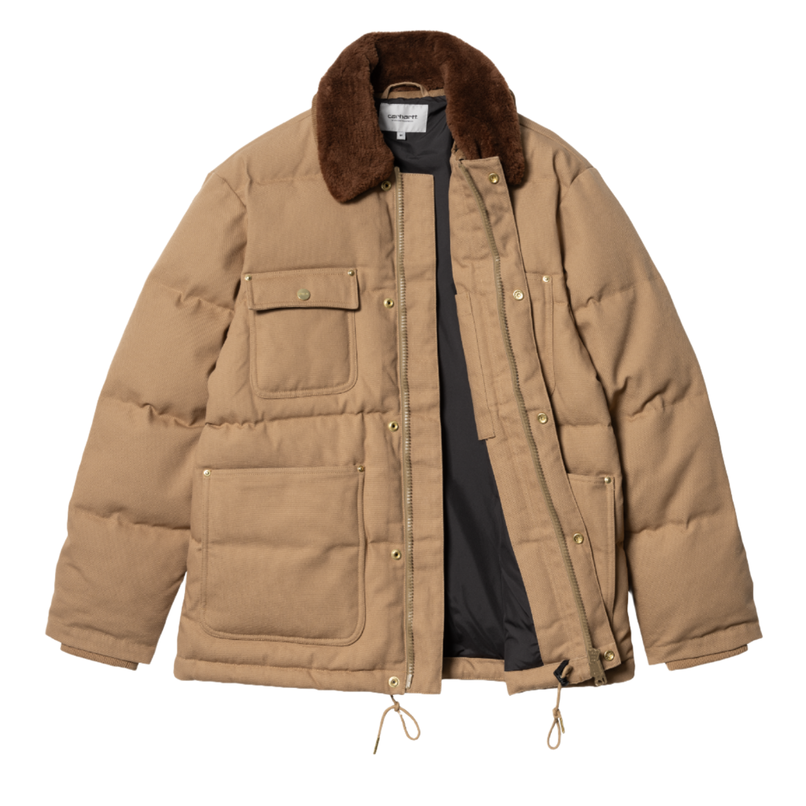 Carhartt WIP Rayley Jacket Peanut. Foto da parte da frente aberto com golas de pelo.